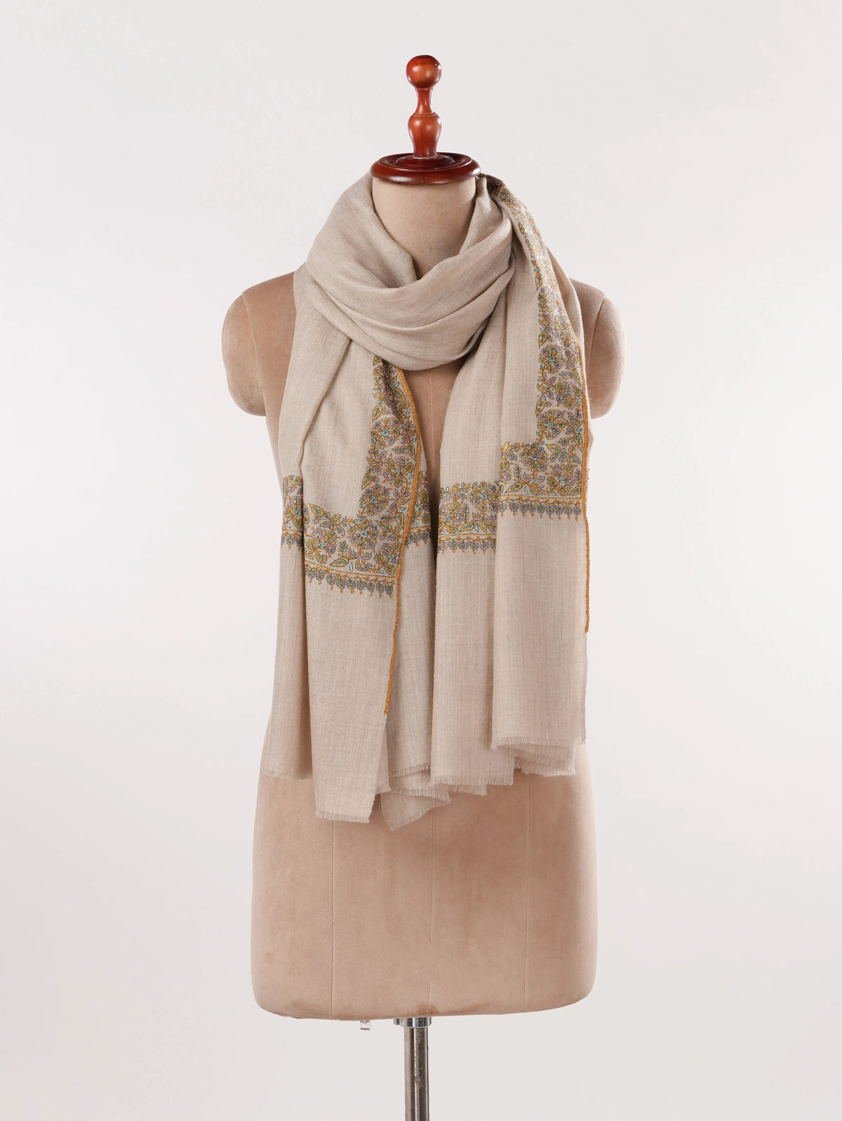 Beige Kashmiri Pure Pashmina Shawl with Neemdaur Hand Sozni Embroidery Shahkaar.com
