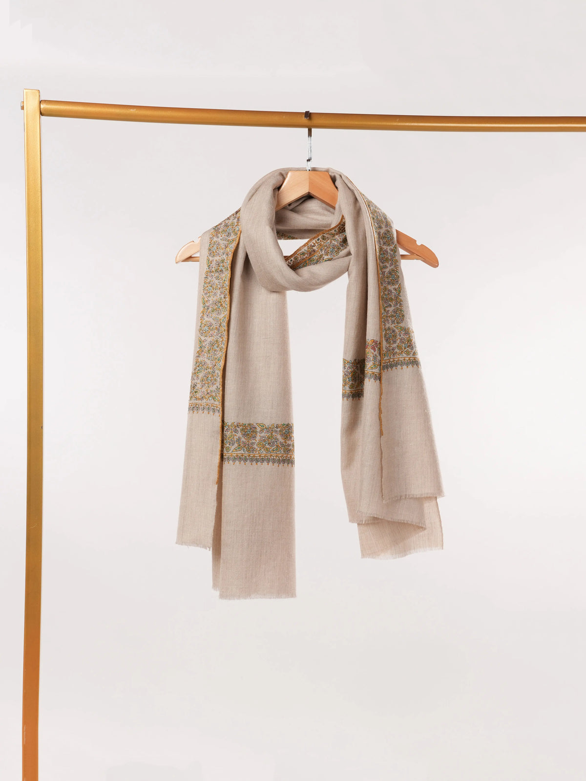 Beige Kashmiri Pure Pashmina Shawl with Neemdaur Hand Sozni Embroidery Shahkaar.com