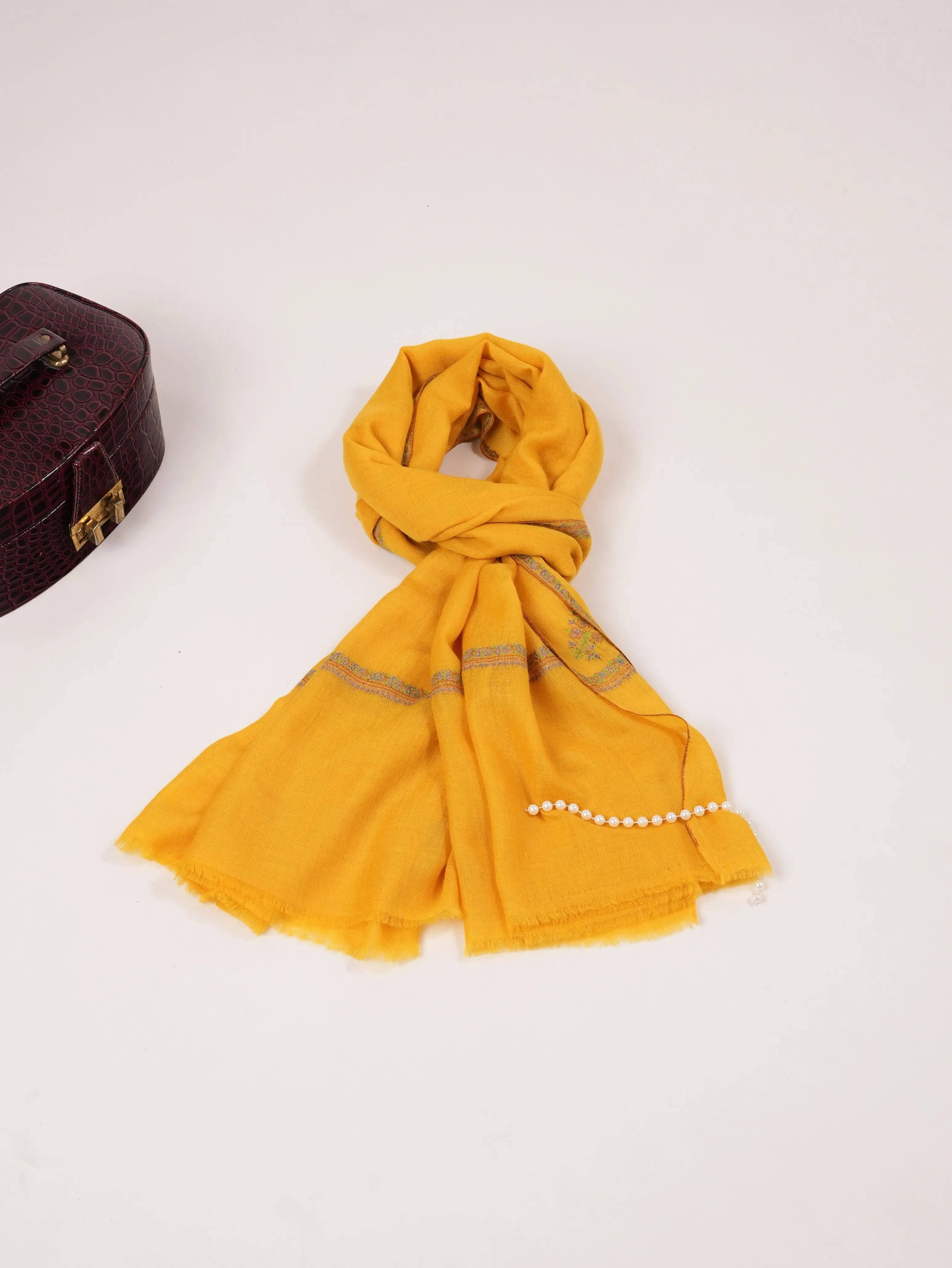 Yellow Handwoven Pashmina Shawl with Kashmiri Baildar Hand Sozni Embroidery Shahkaar.com