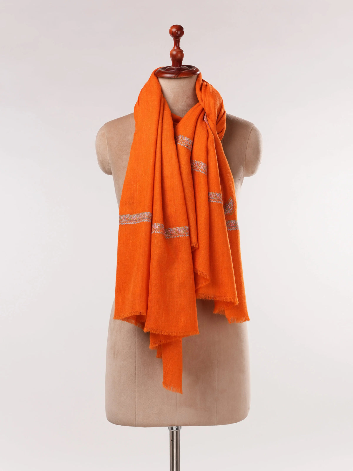 Orange Pure Pashmina Shawl with Baildar Hand Sozni Embroidery Shahkaar.com