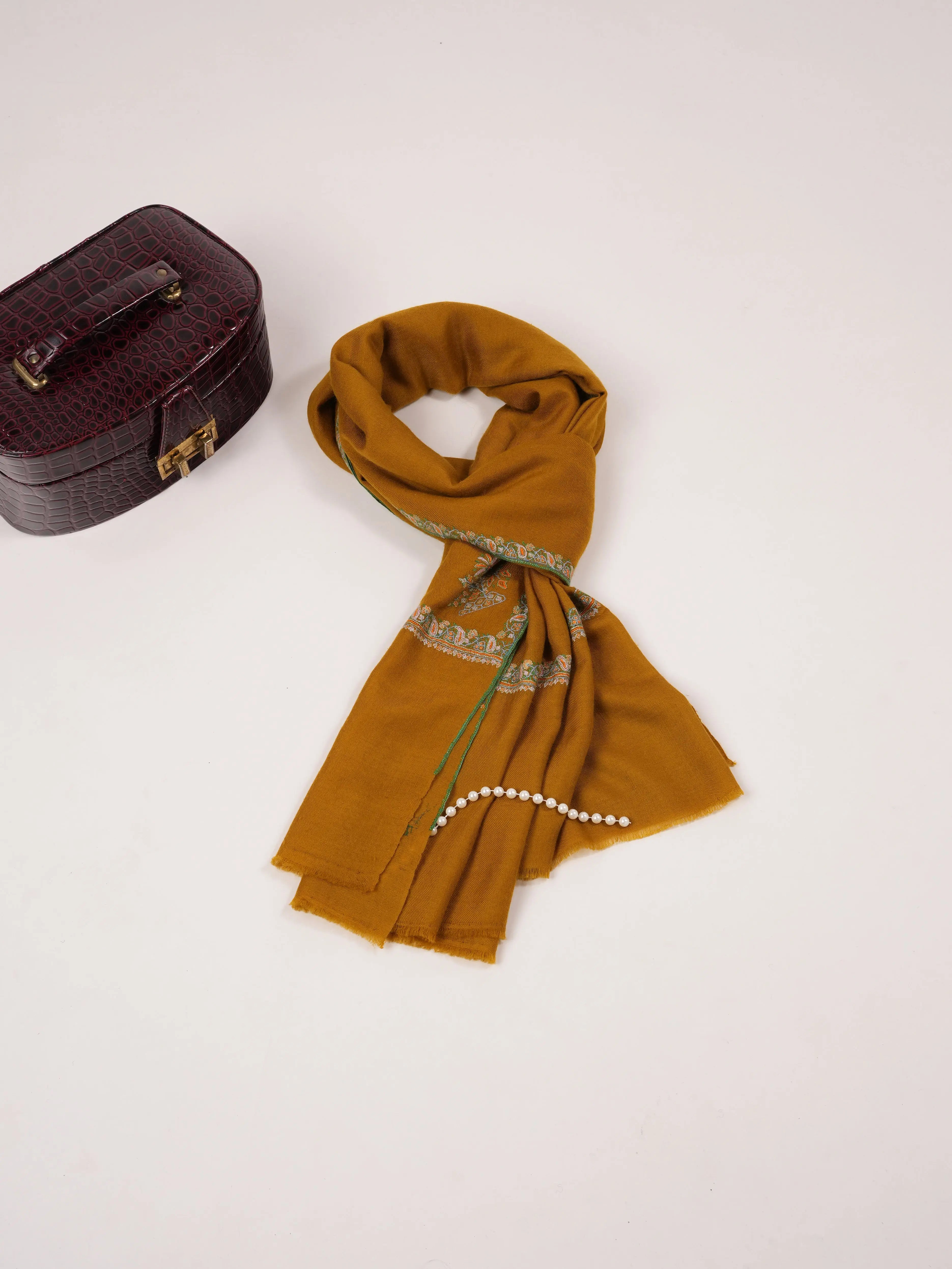 Mustard Handwoven Pashmina Shawl with Kashmiri Hashidar Hand Embroidery Shahkaar.com