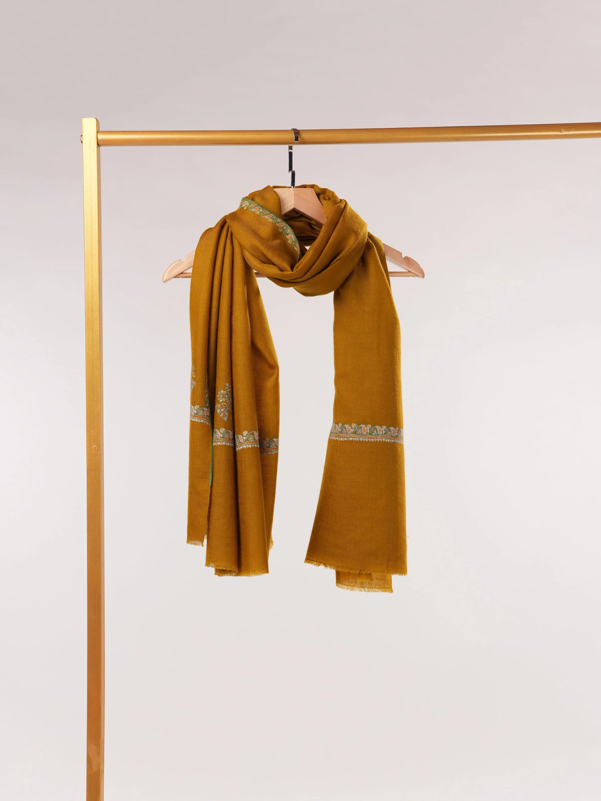 Mustard Handwoven Pashmina Shawl with Kashmiri Hashidar Hand Embroidery Shahkaar.com