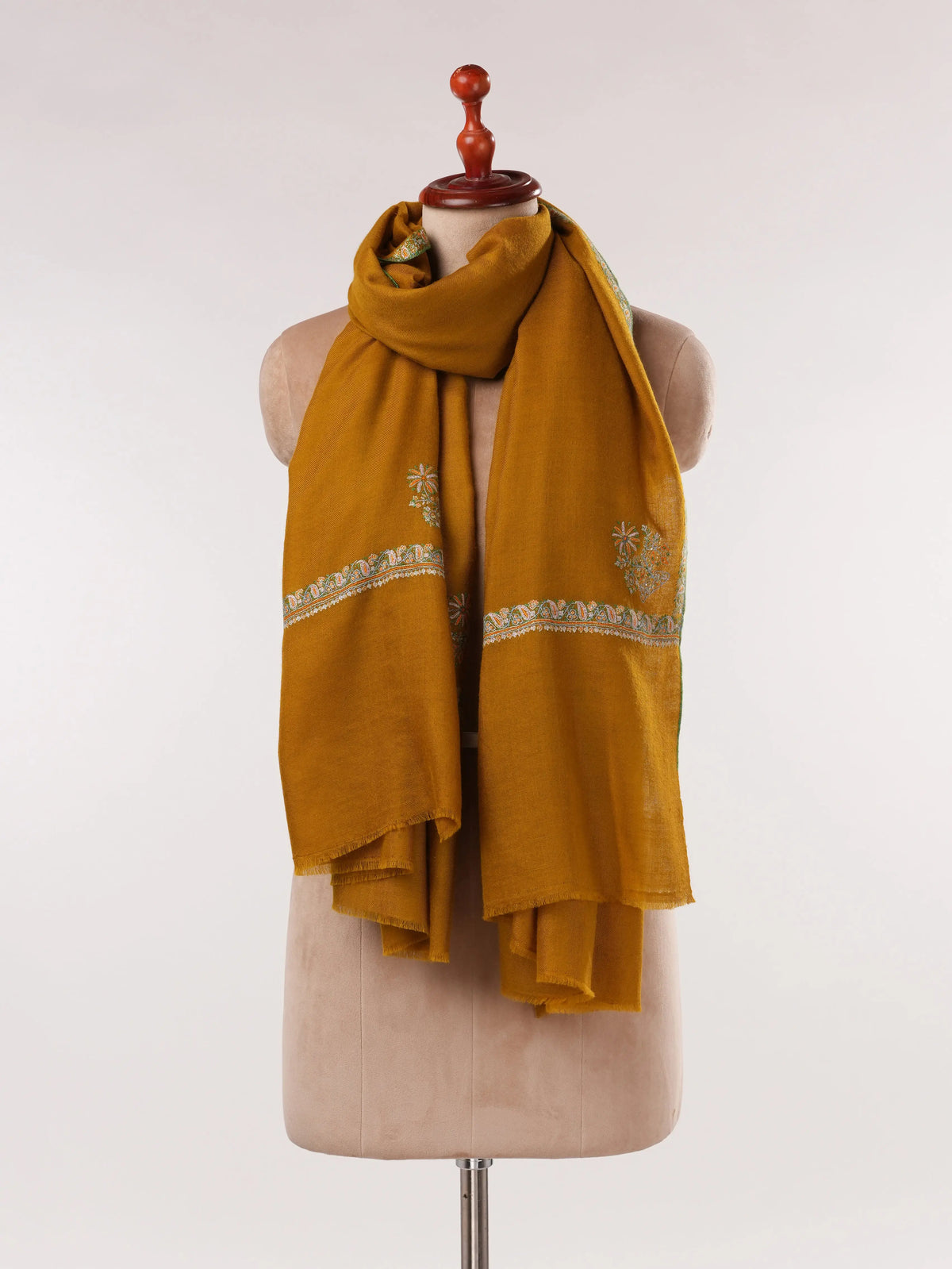 Mustard Handwoven Pashmina Shawl with Kashmiri Hashidar Hand Embroidery Shahkaar.com