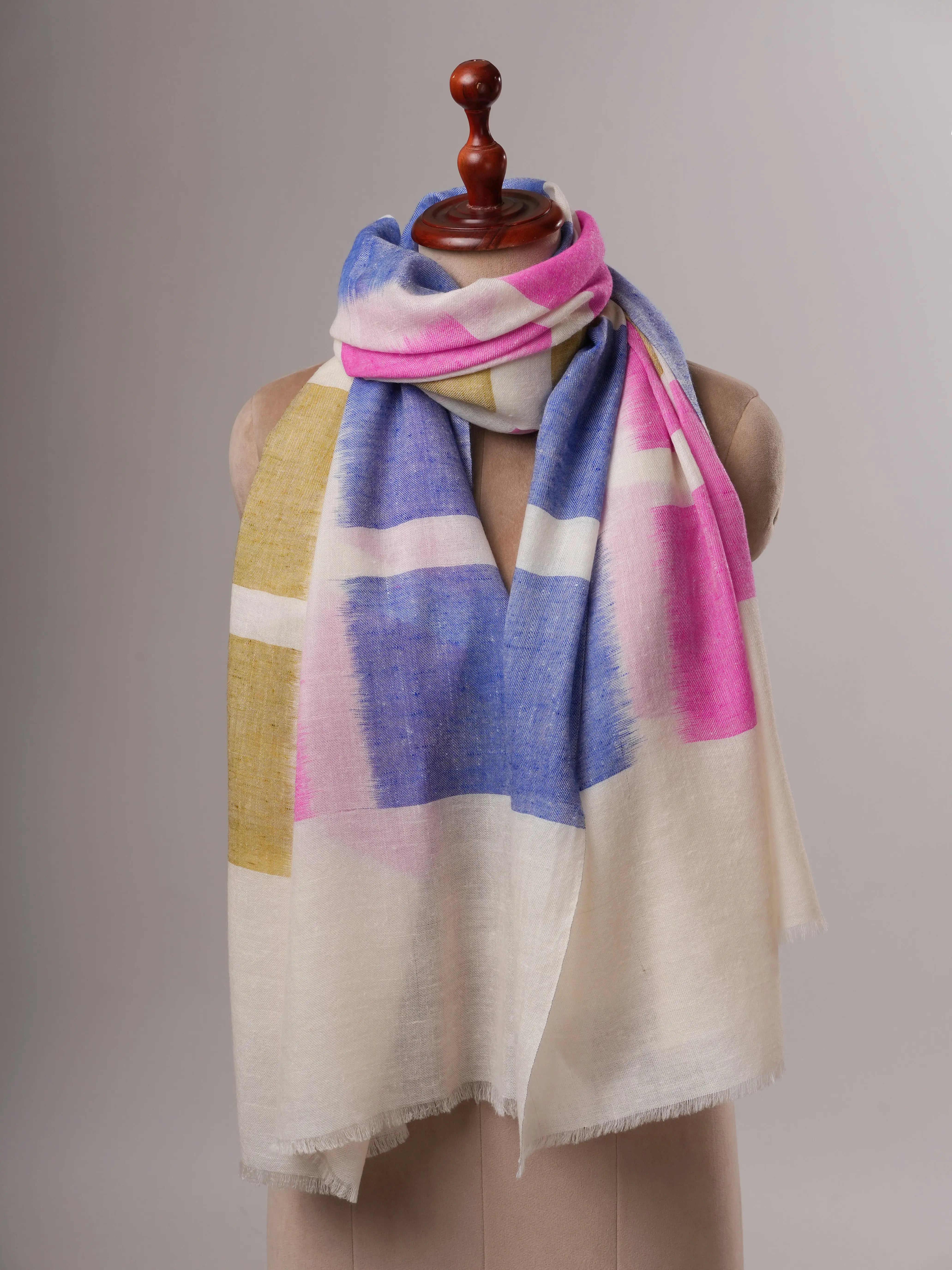 Handloom Ivory Ikat Shawl with Multicolor Accents Shahkaar
