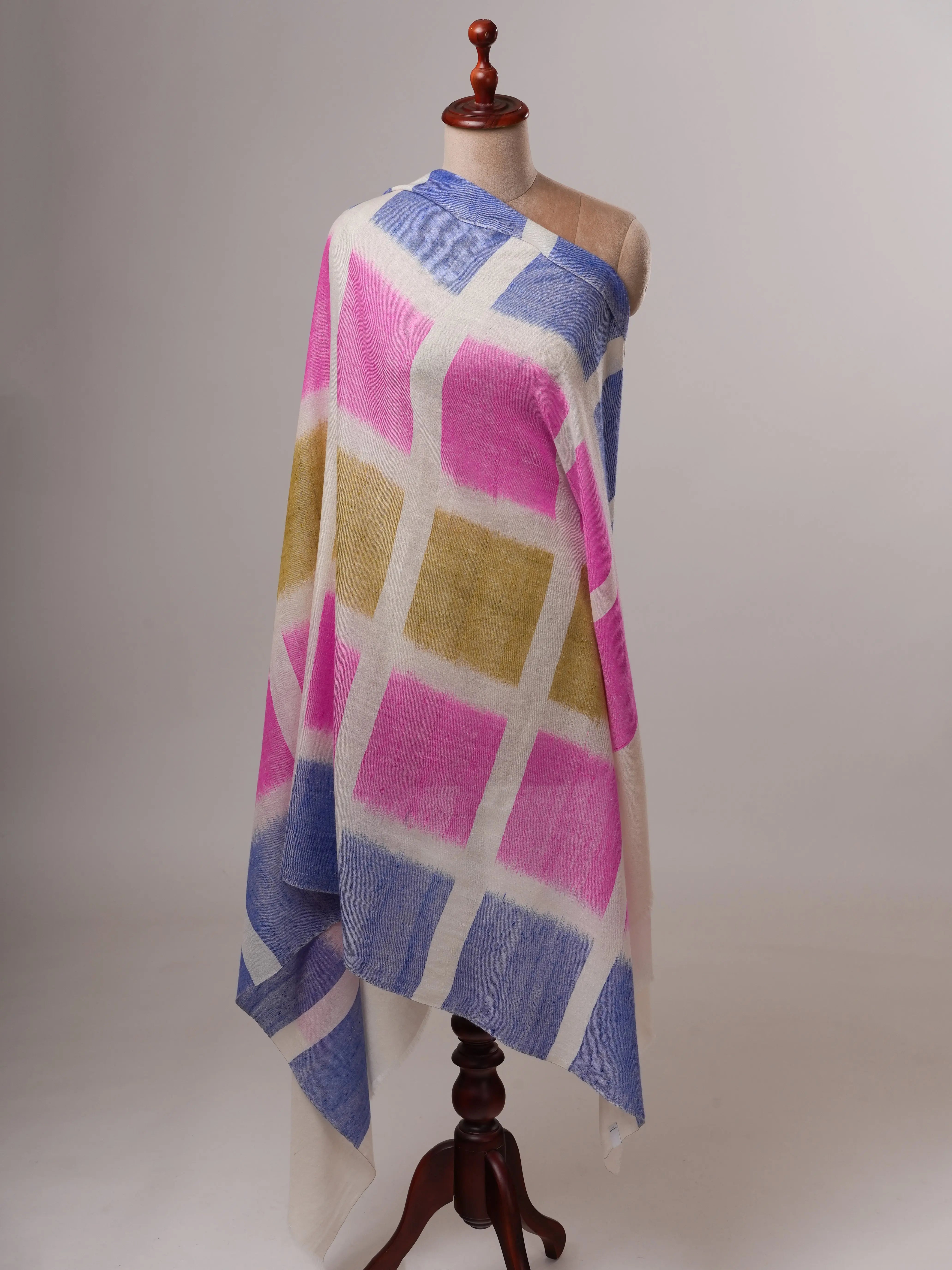 Handloom Ivory Ikat Shawl with Multicolor Accents Shahkaar
