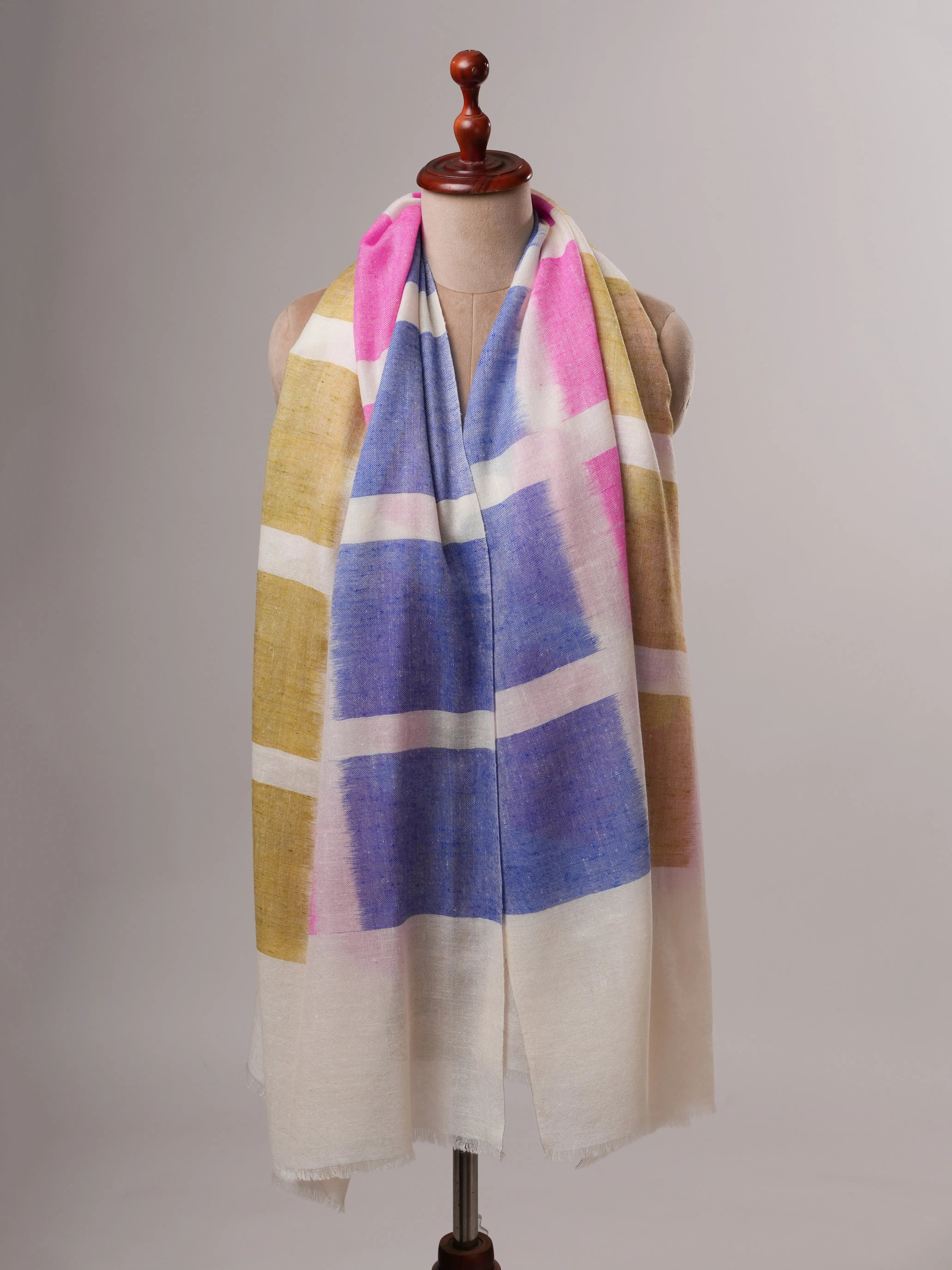 Handloom Ivory Ikat Shawl with Multicolor Accents Shahkaar