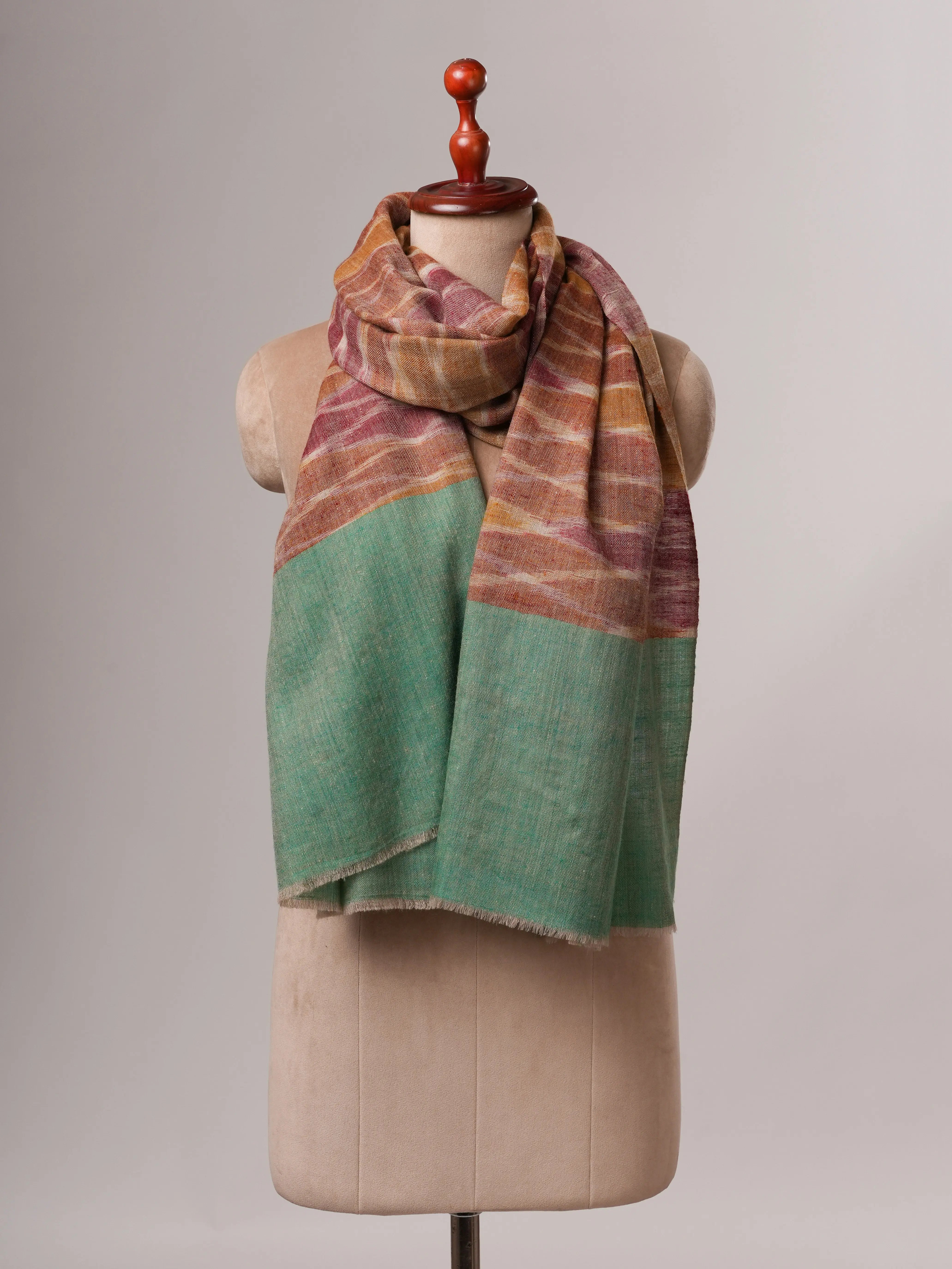 Artisan Ikat Pashmina Shawl Featuring Green Accented Ends
