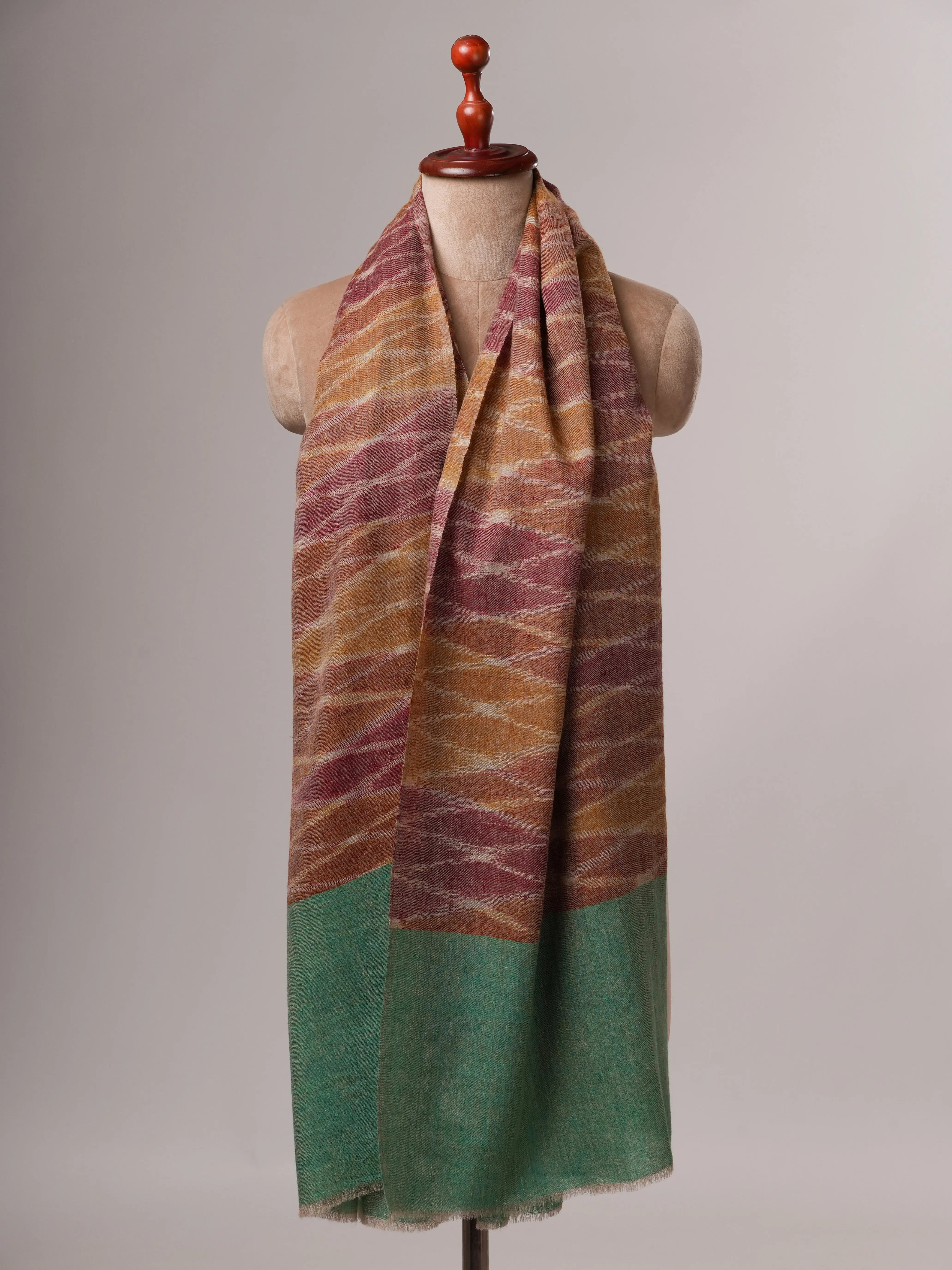Artisan Ikat Pashmina Shawl Featuring Green Accented Ends