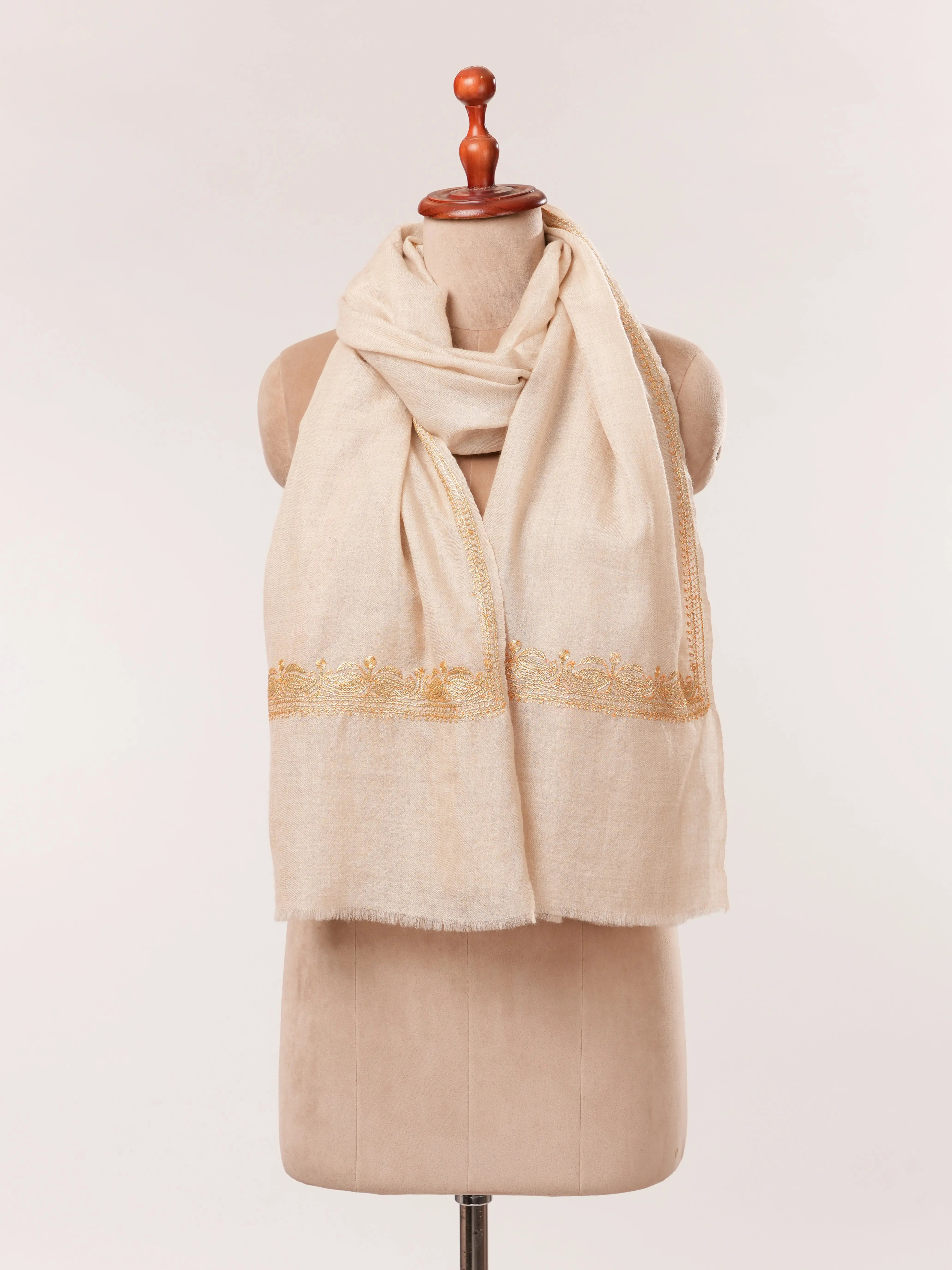 Natural Off White Cashmere Scarf with Gold Tilla Hand Embroidery Shahkaar.com