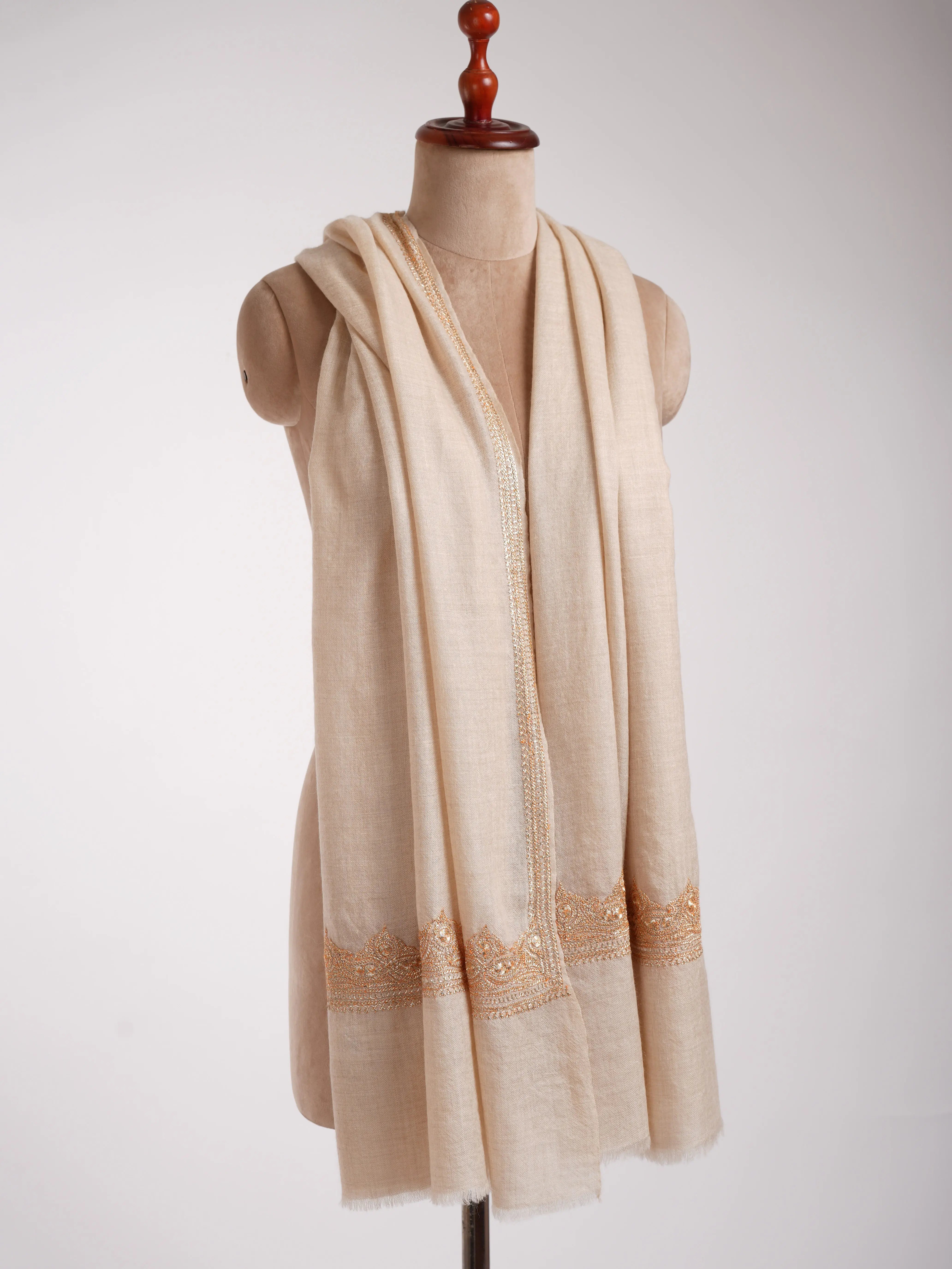 Handwoven Baby Soft Off-White Cashmere Scarf with Gold Tilla Work Shahkaar