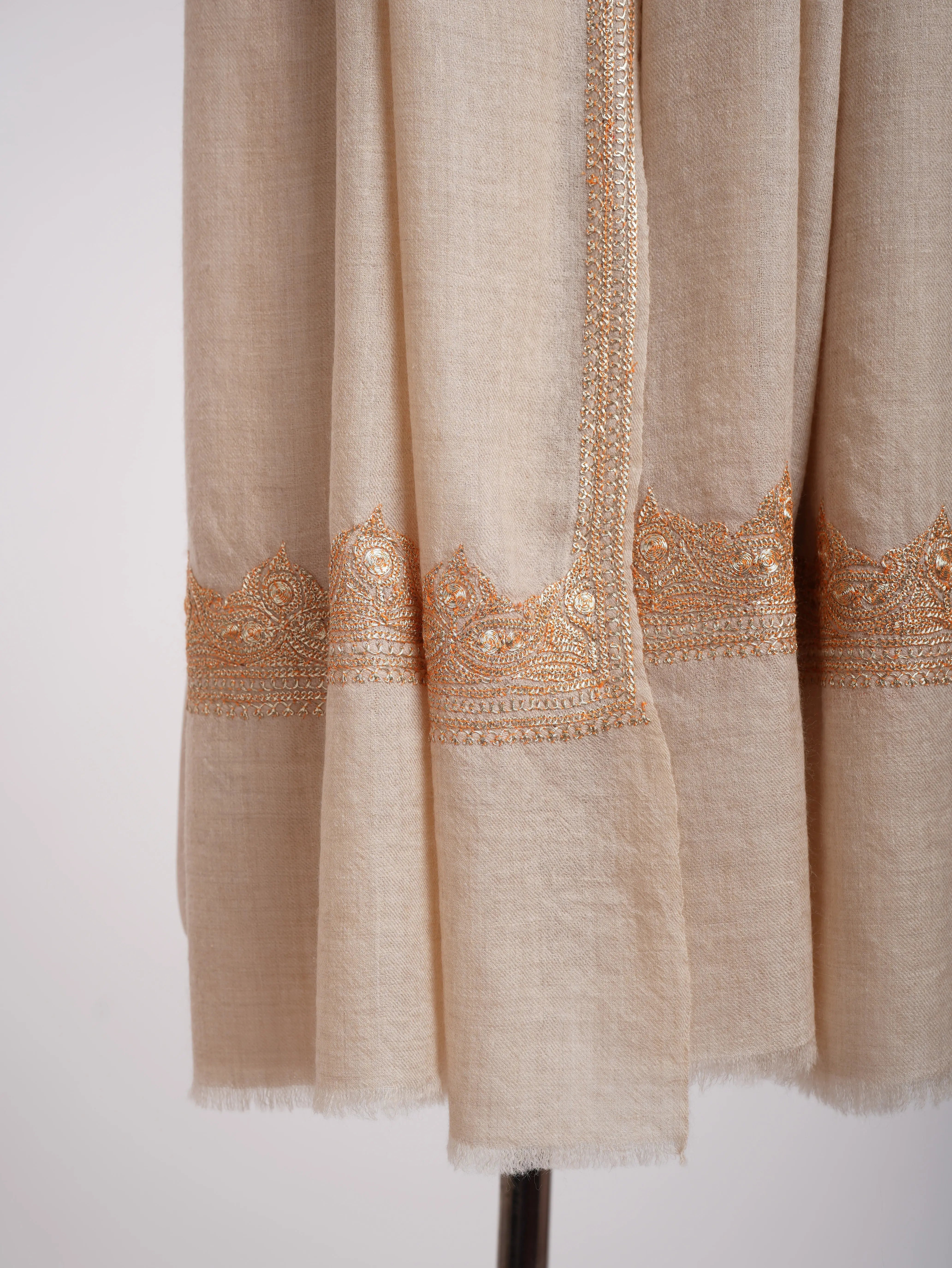 Handwoven Baby Soft Off-White Cashmere Scarf with Gold Tilla Work Shahkaar