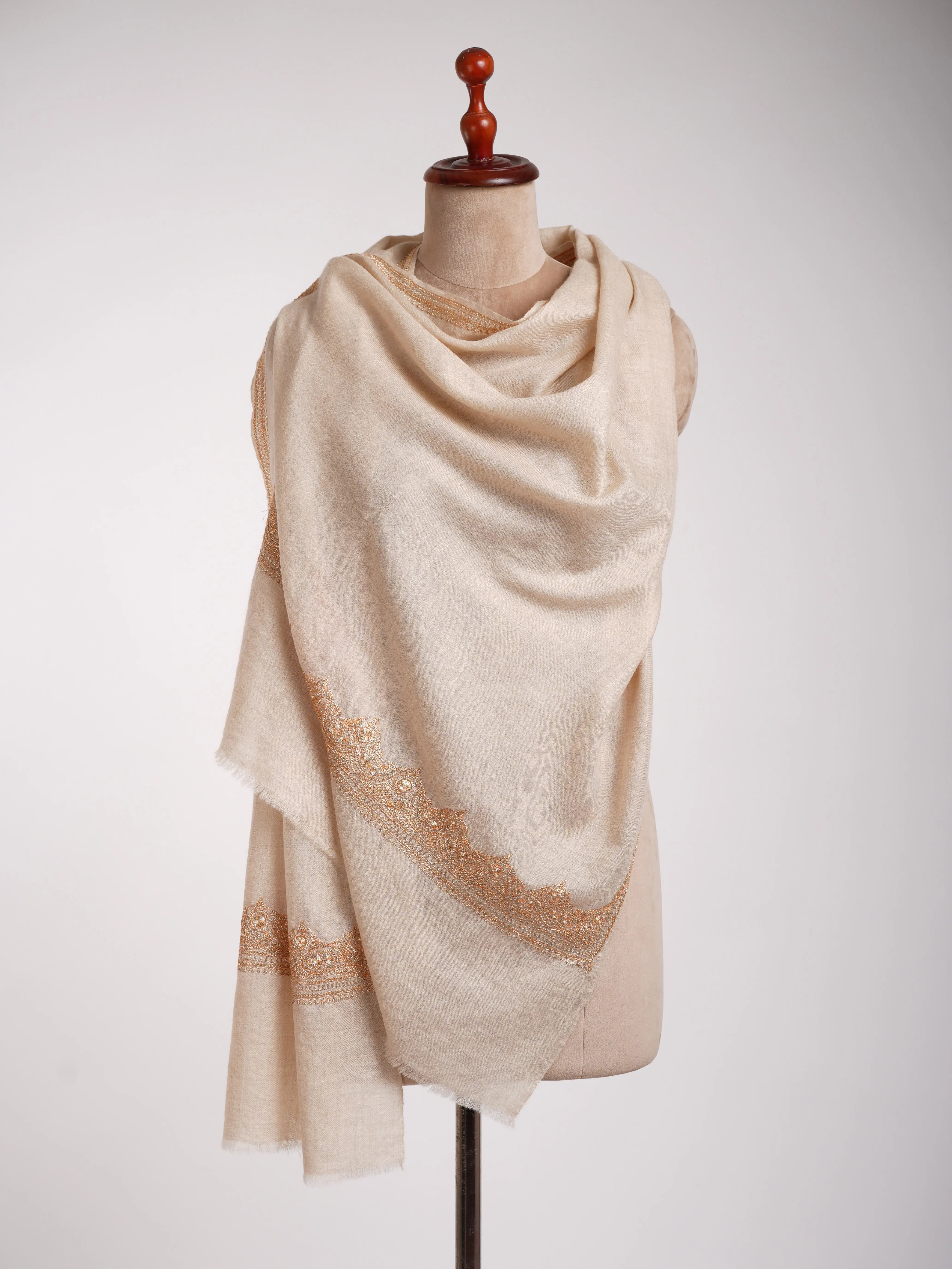 Handwoven Baby Soft Off-White Cashmere Scarf with Gold Tilla Work Shahkaar