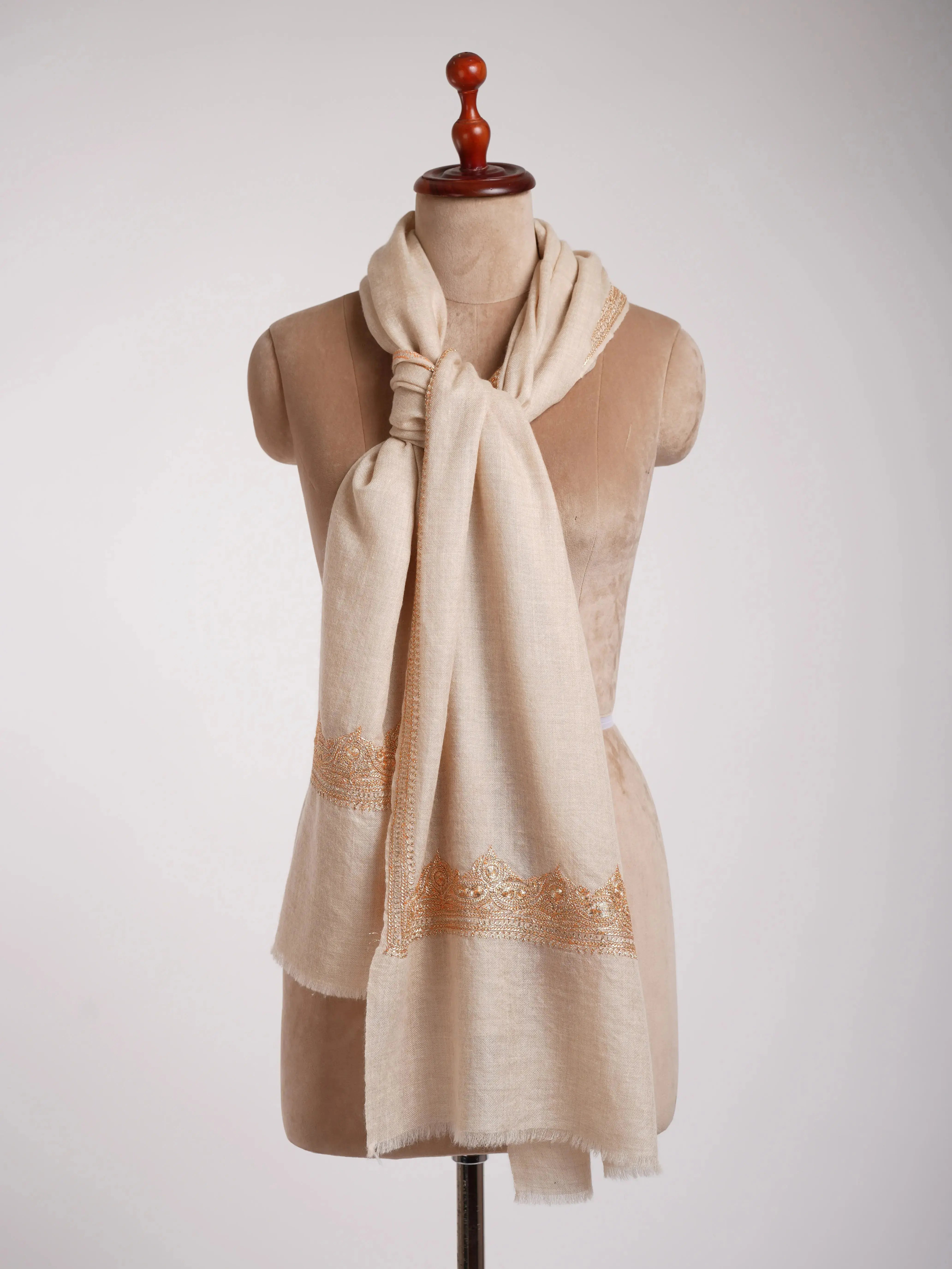Handwoven Baby Soft Off-White Cashmere Scarf with Gold Tilla Work Shahkaar