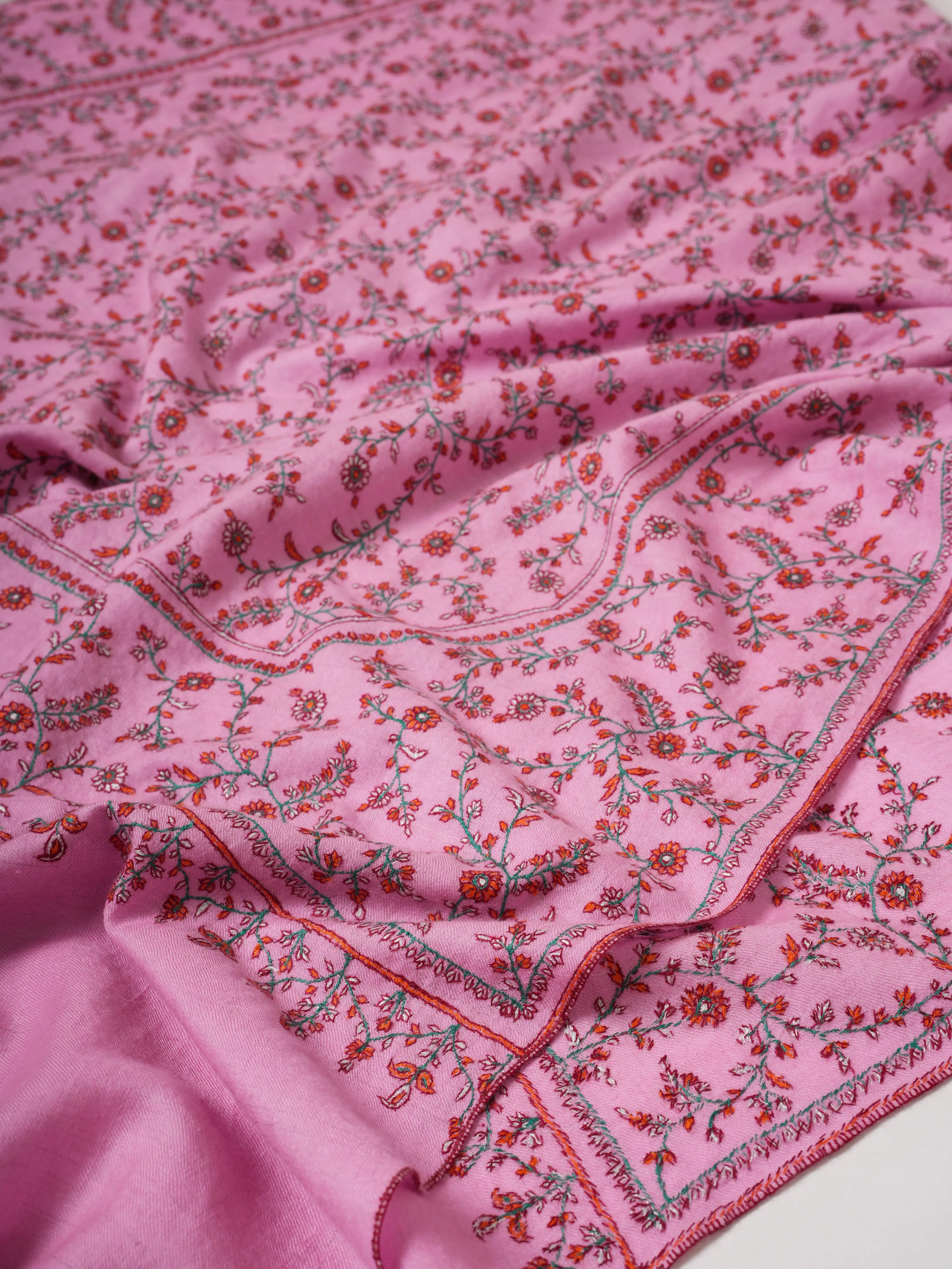 Pink Hand Embroidered Indian Pashmina Shawl with Sozni Embroidery Shahkaar