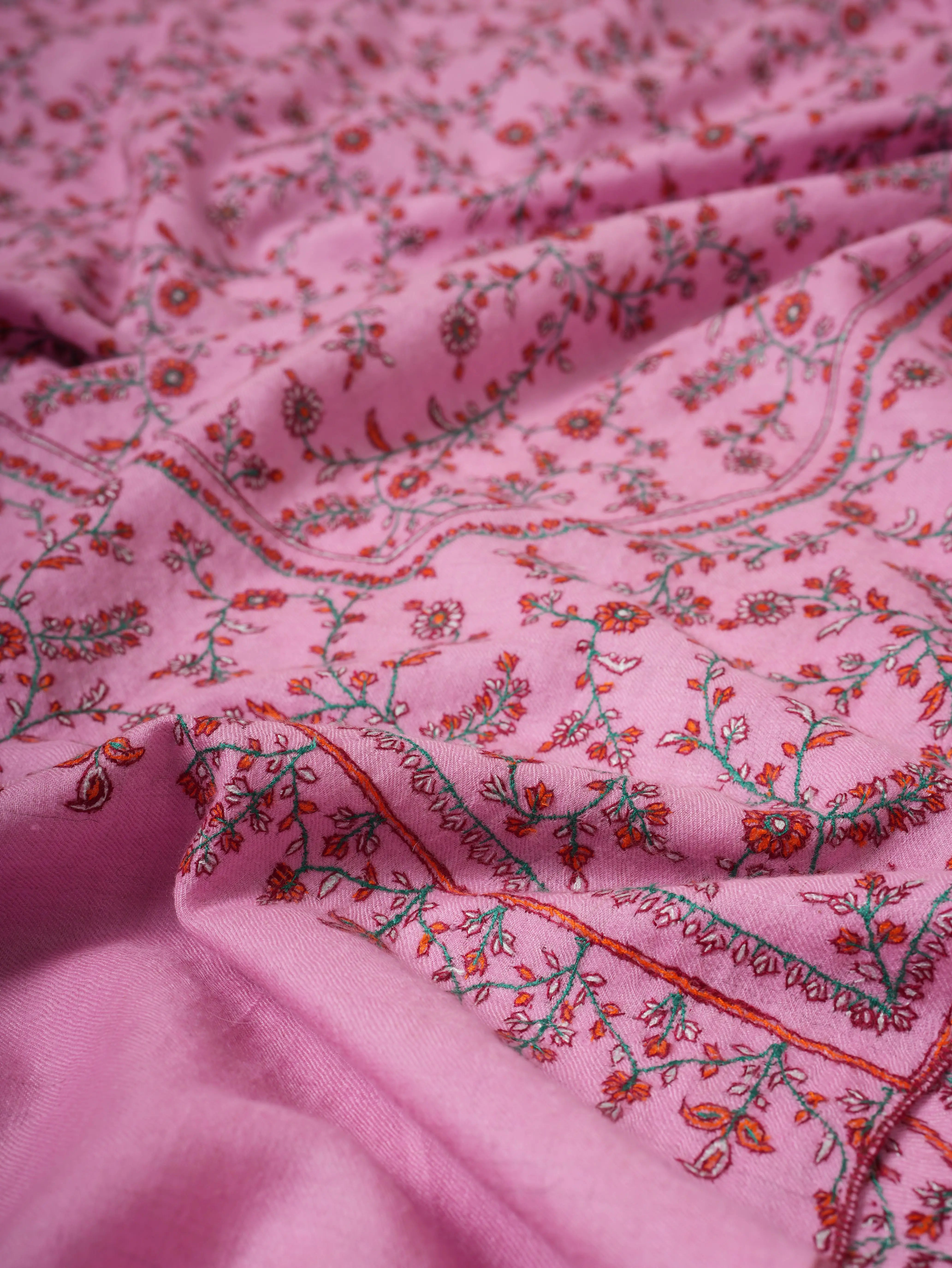 Pink Hand Embroidered Indian Pashmina Shawl with Sozni Embroidery Shahkaar