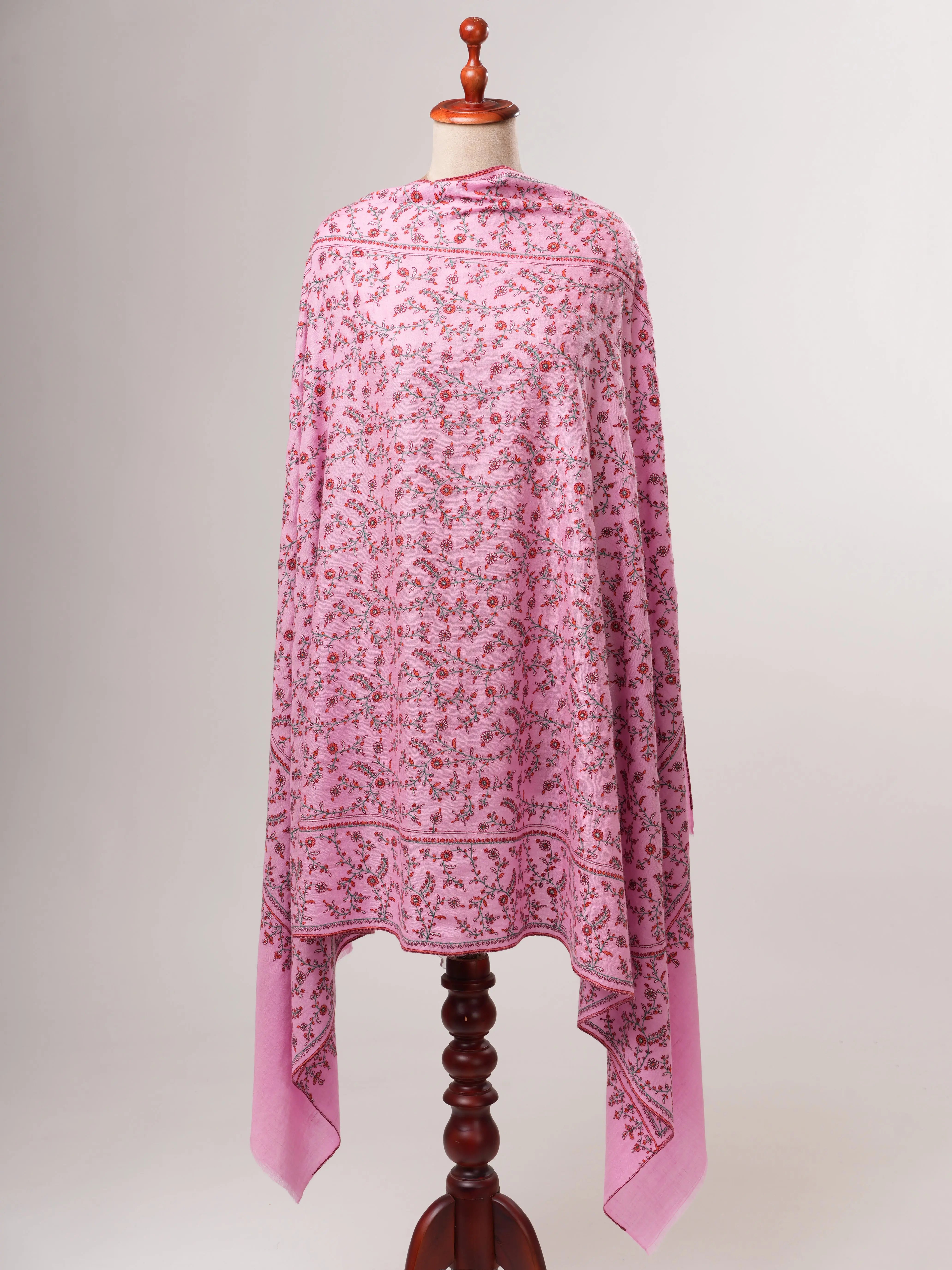 Pink Hand Embroidered Indian Pashmina Shawl with Sozni Embroidery Shahkaar
