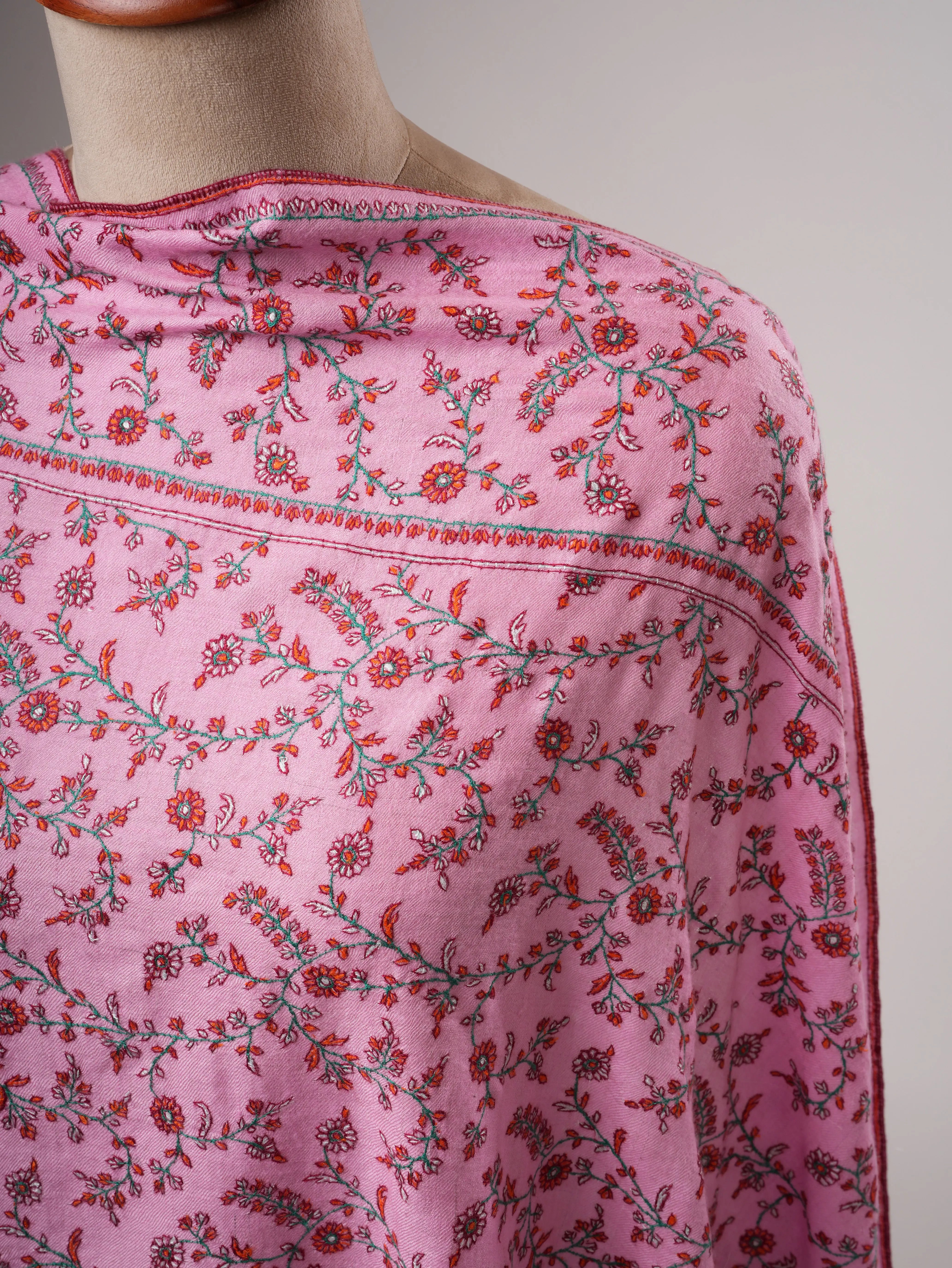 Pink Hand Embroidered Indian Pashmina Shawl with Sozni Embroidery Shahkaar