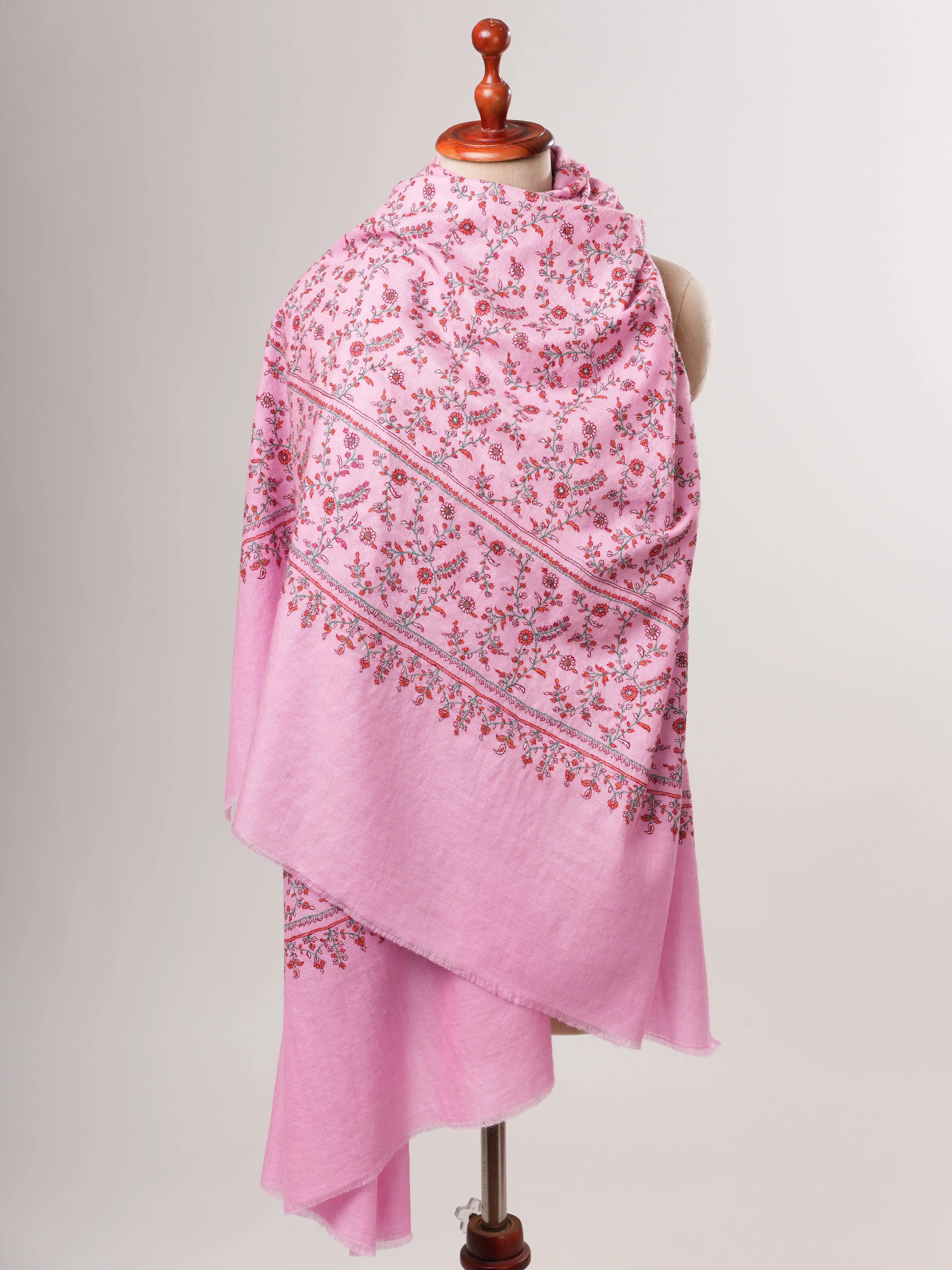 Pink Hand Embroidered Indian Pashmina Shawl with Sozni Embroidery Shahkaar