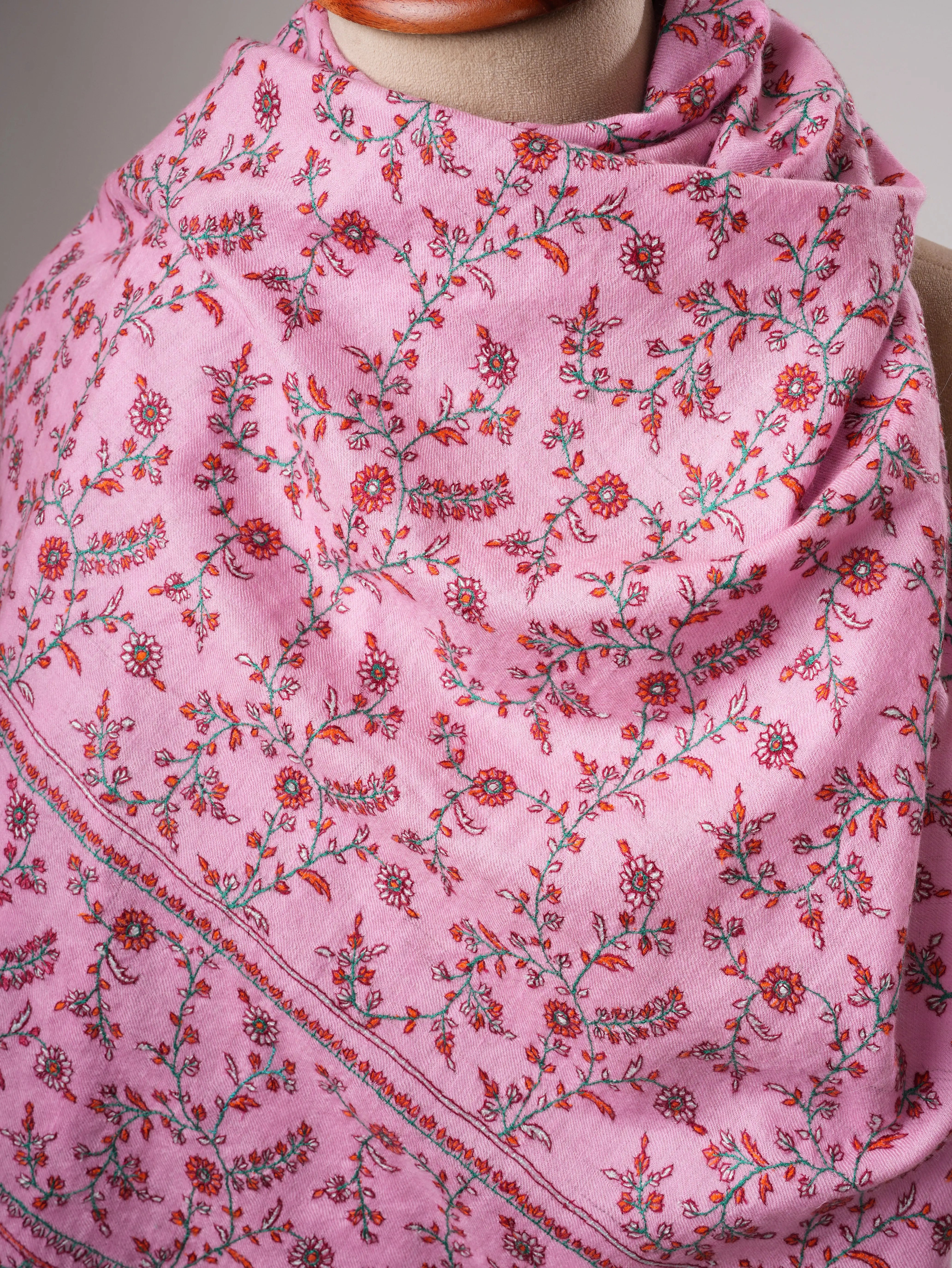 Pink Hand Embroidered Indian Pashmina Shawl with Sozni Embroidery Shahkaar