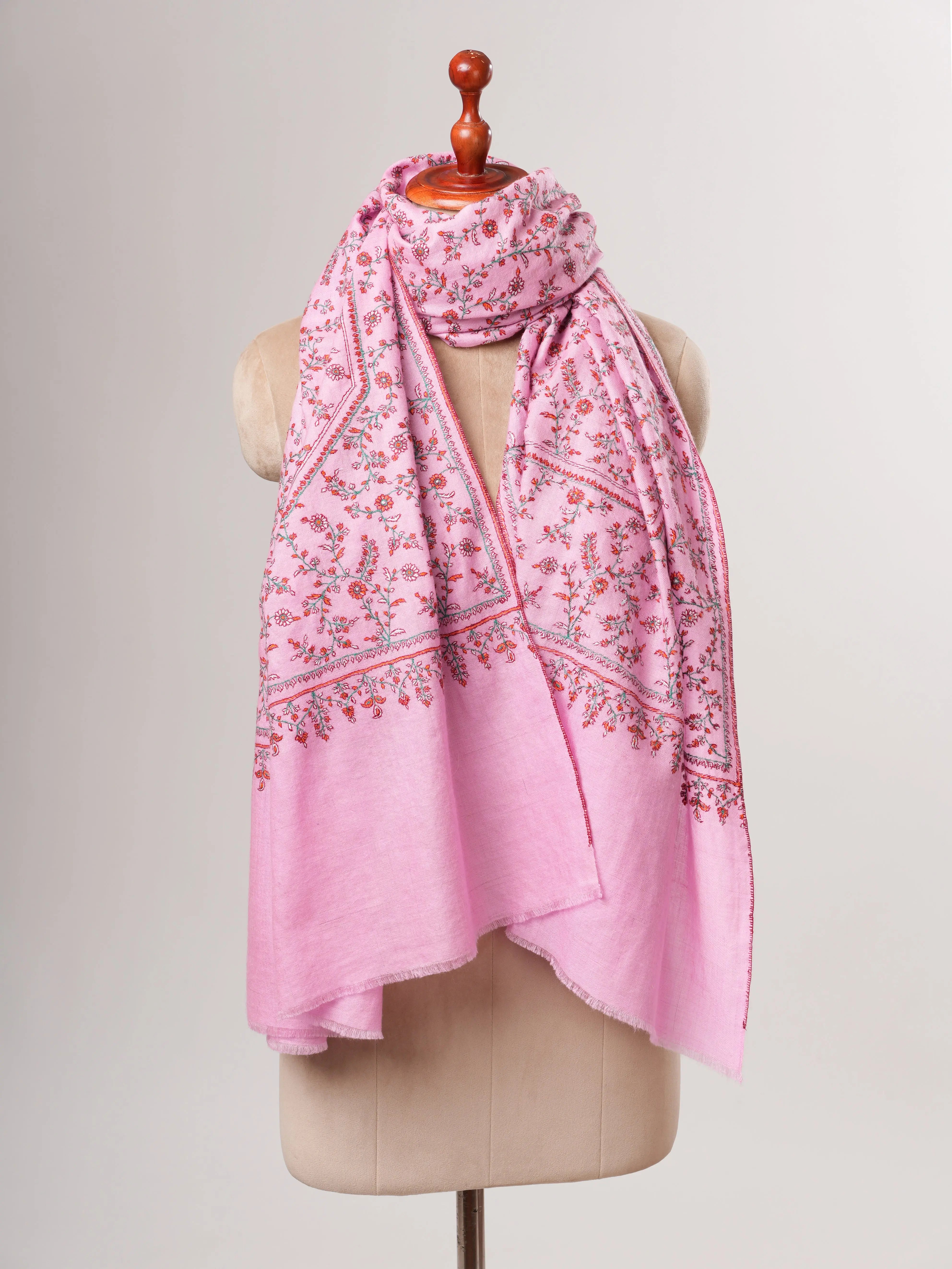 Pink Hand Embroidered Indian Pashmina Shawl with Sozni Embroidery Shahkaar