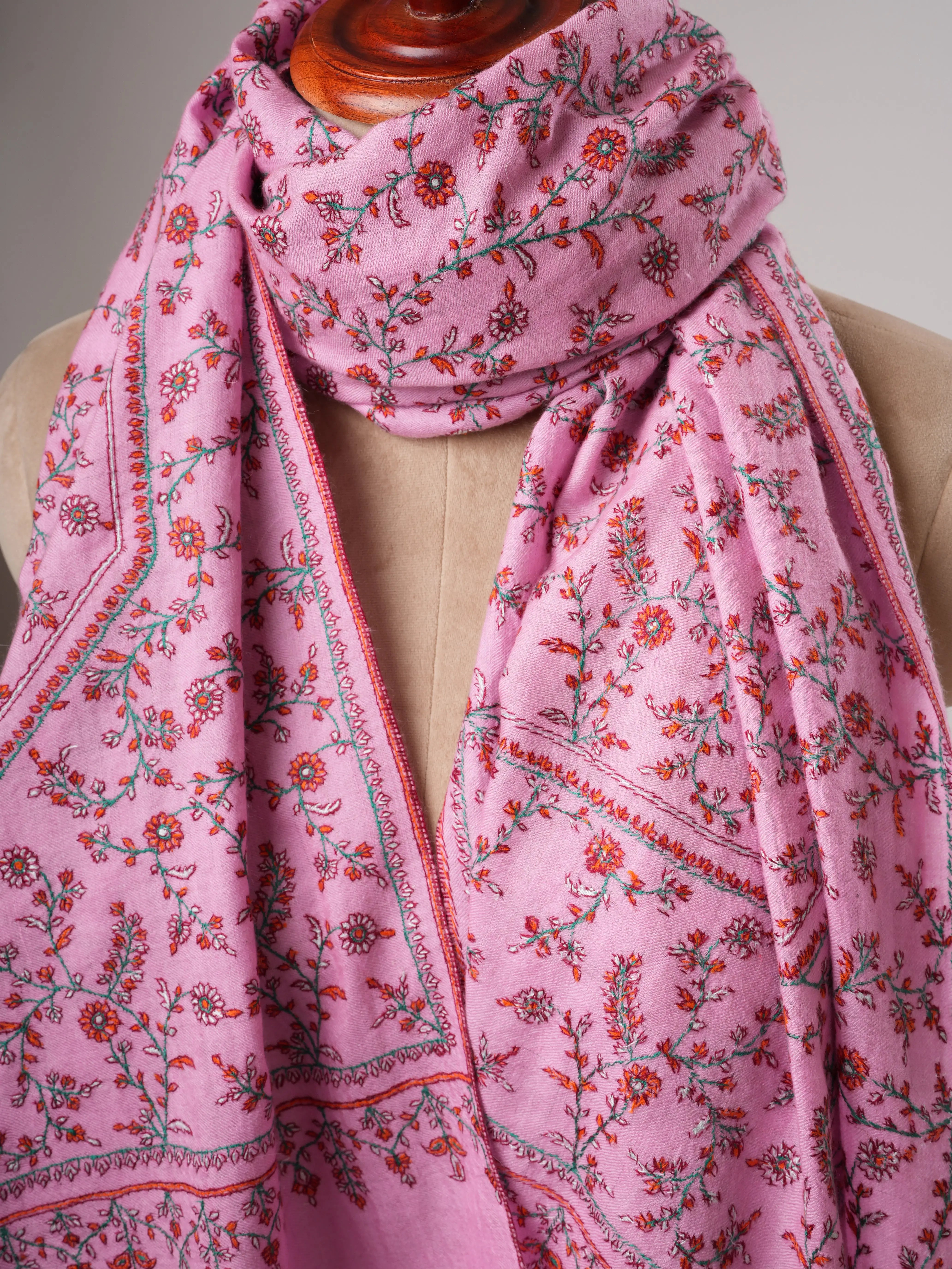 Pink Hand Embroidered Indian Pashmina Shawl with Sozni Embroidery Shahkaar