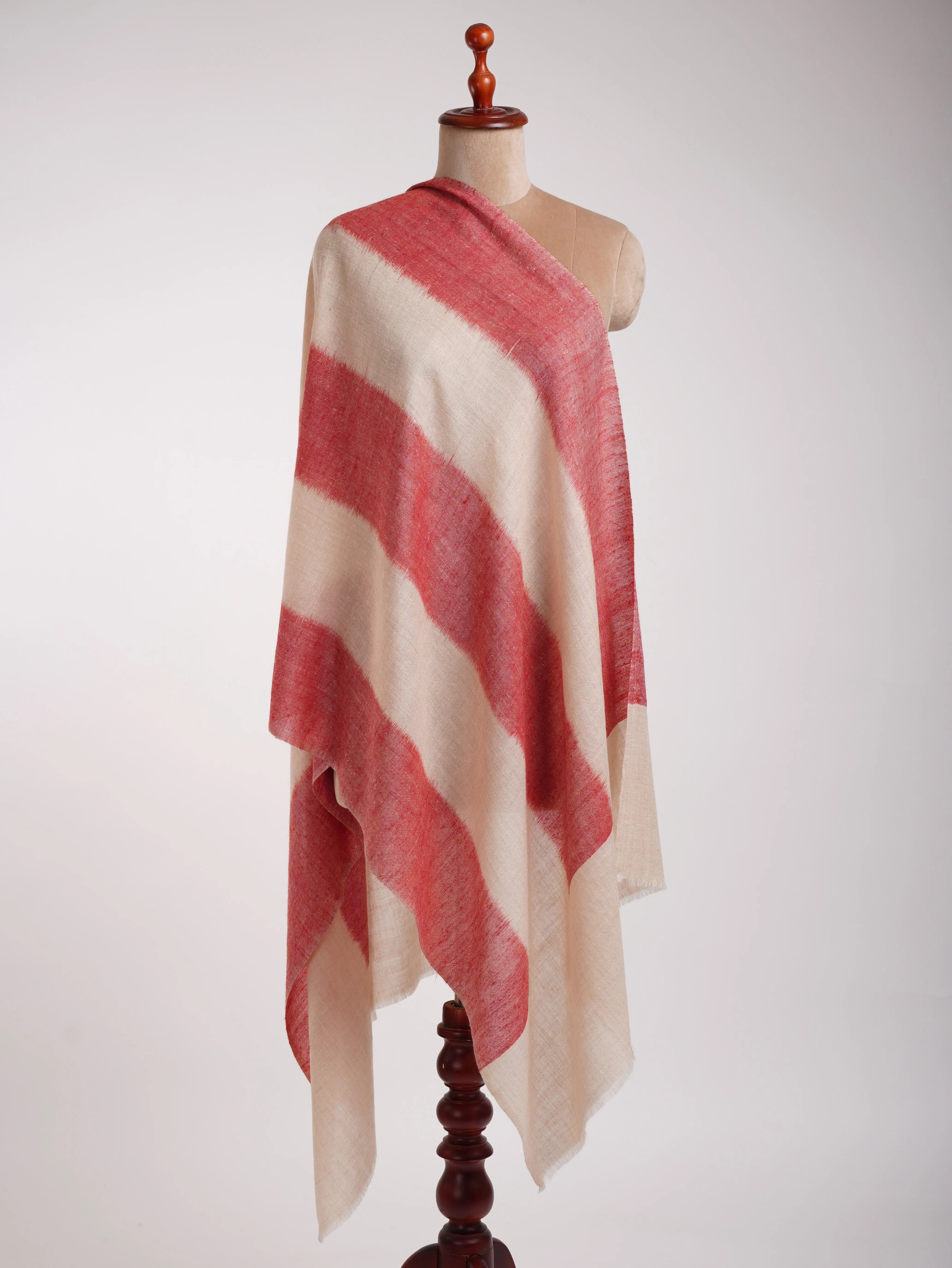 Artisan Crafted Handwoven Cashmere Scarf in Ivory and Red Shahkaar