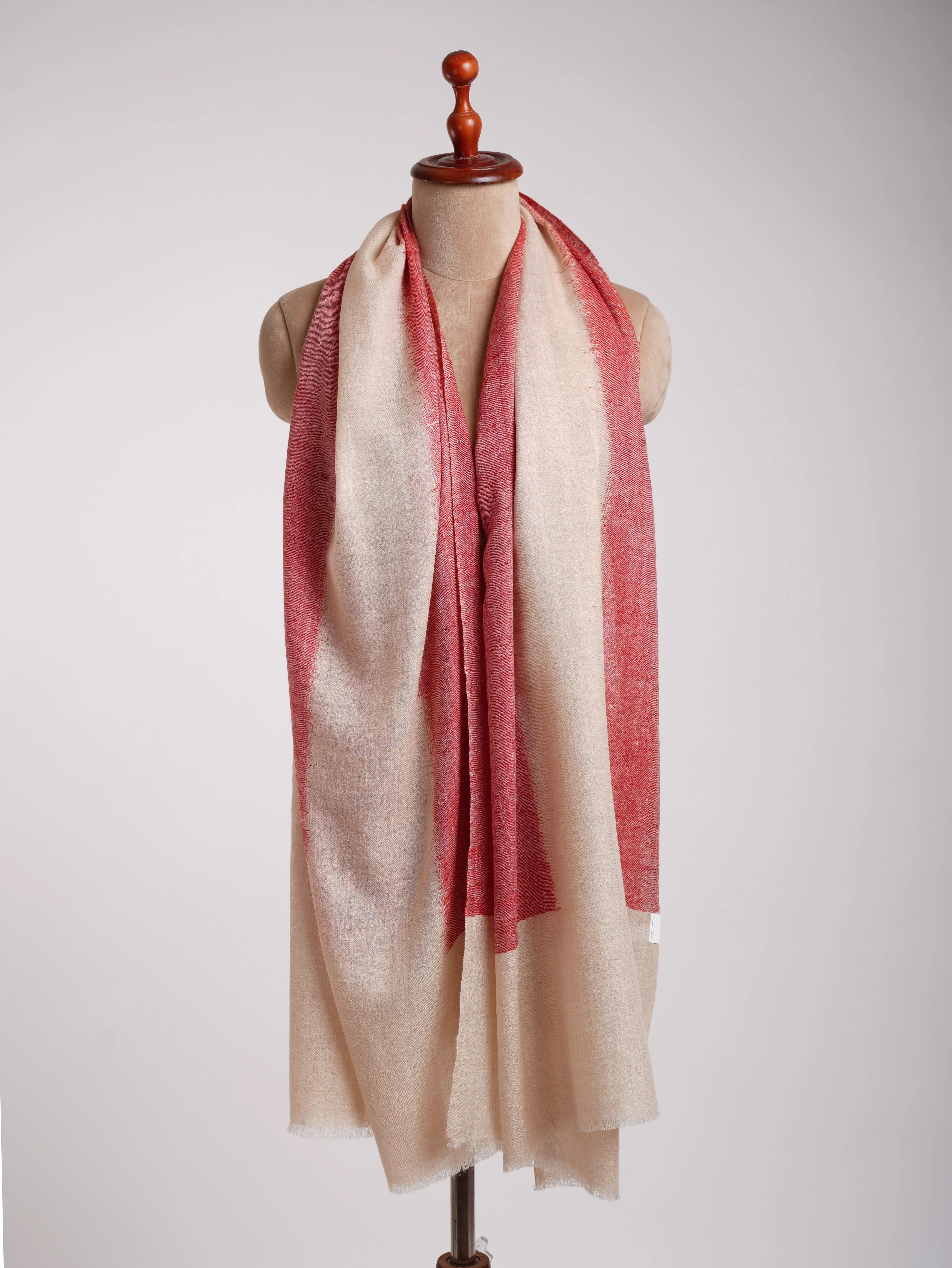 Artisan Crafted Handwoven Cashmere Scarf in Ivory and Red Shahkaar