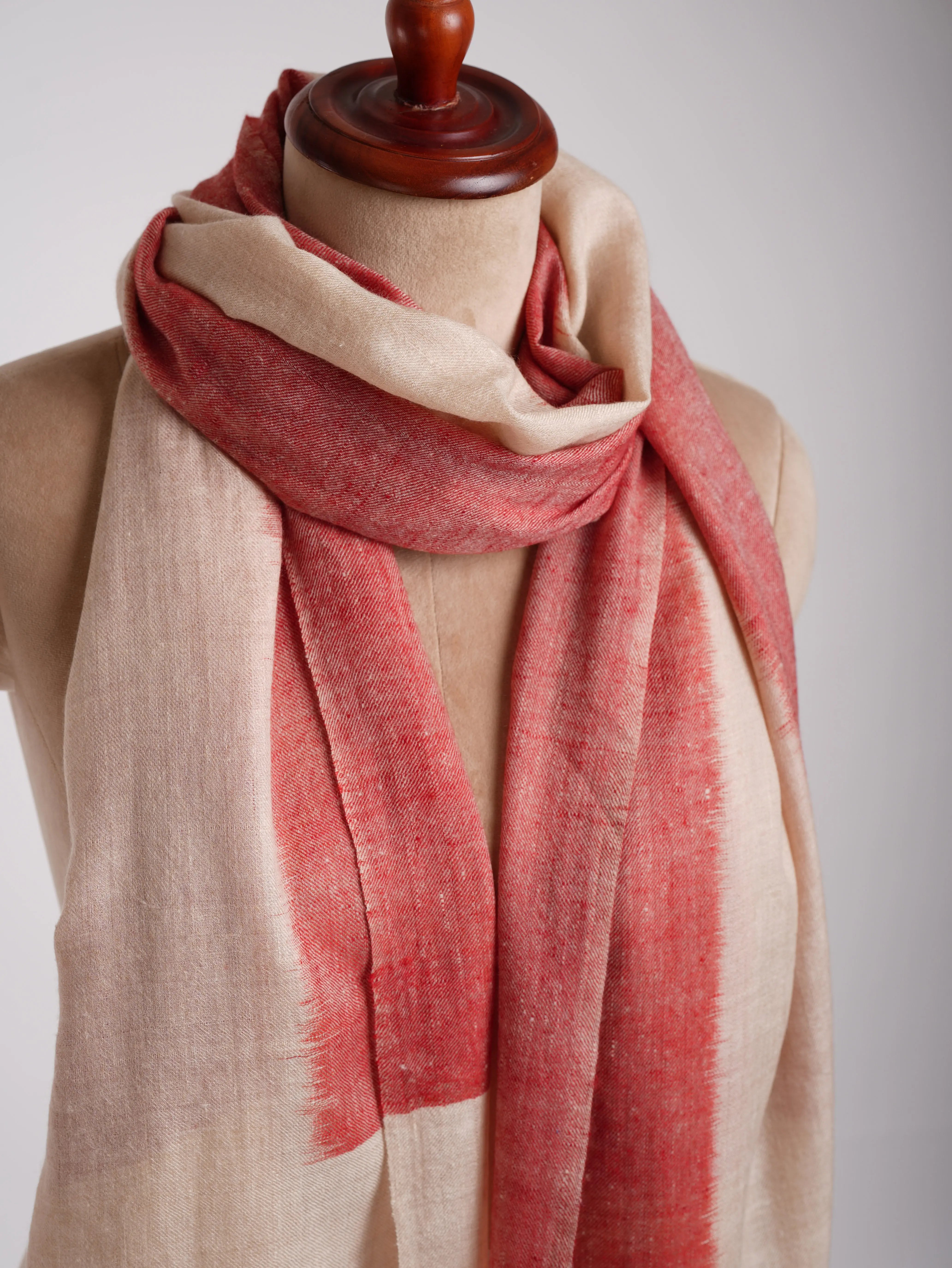 Artisan Crafted Handwoven Cashmere Scarf in Ivory and Red Shahkaar