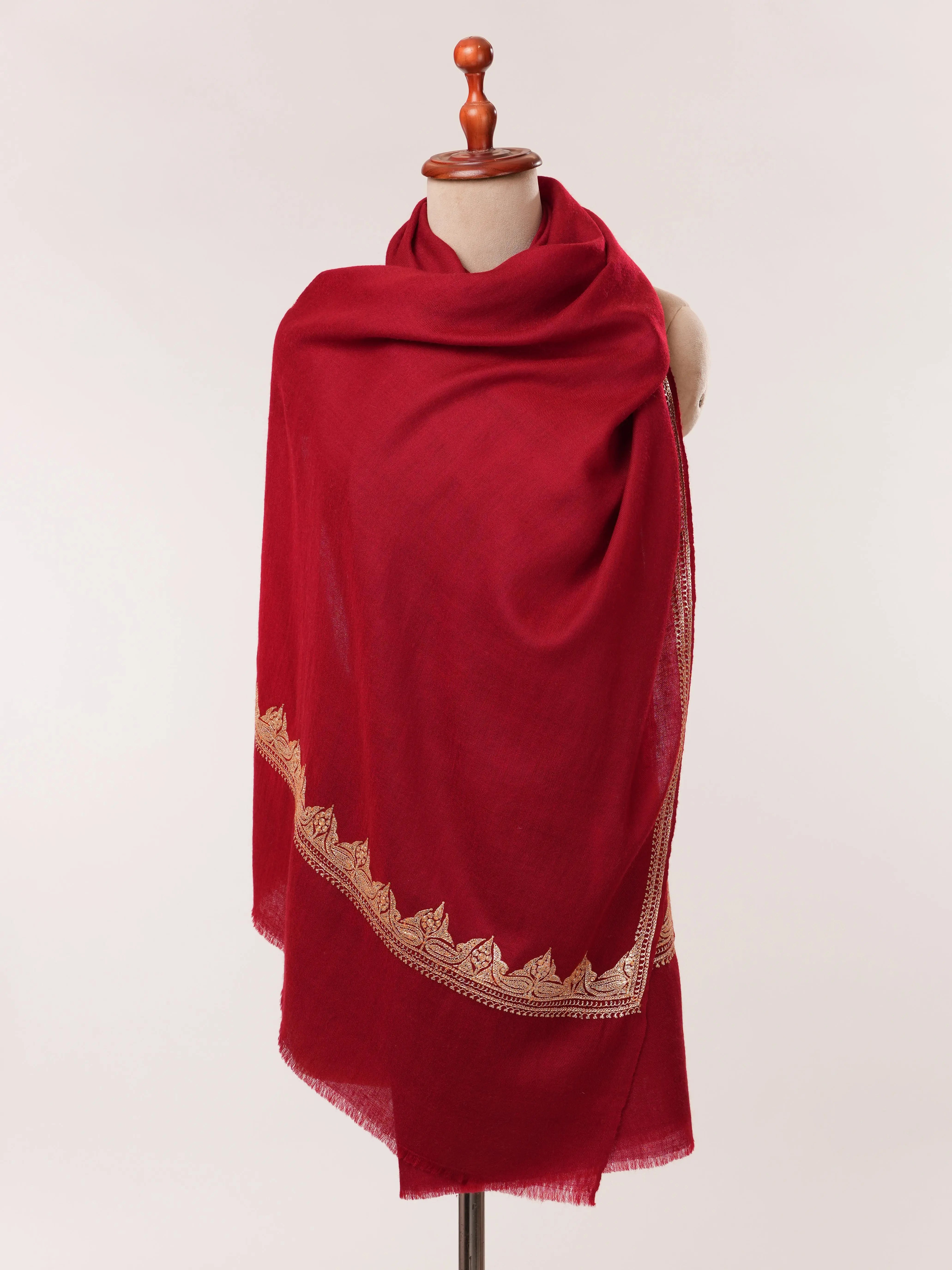 Rich Crimson Red Baby Soft Cashmere Scarf with Gold Tilla Embroidery Shahkaar.com