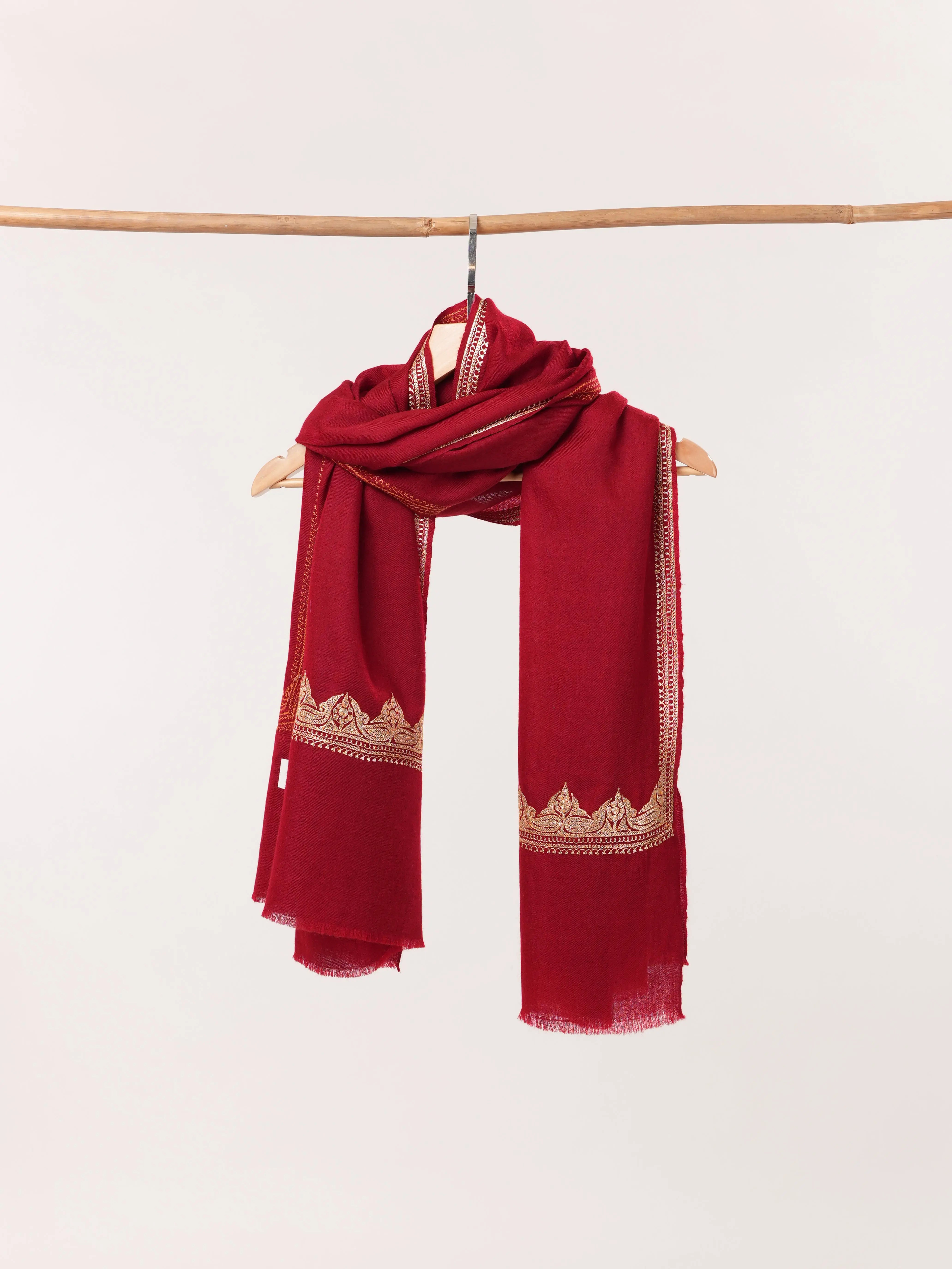 Rich Crimson Red Baby Soft Cashmere Scarf with Gold Tilla Embroidery Shahkaar.com