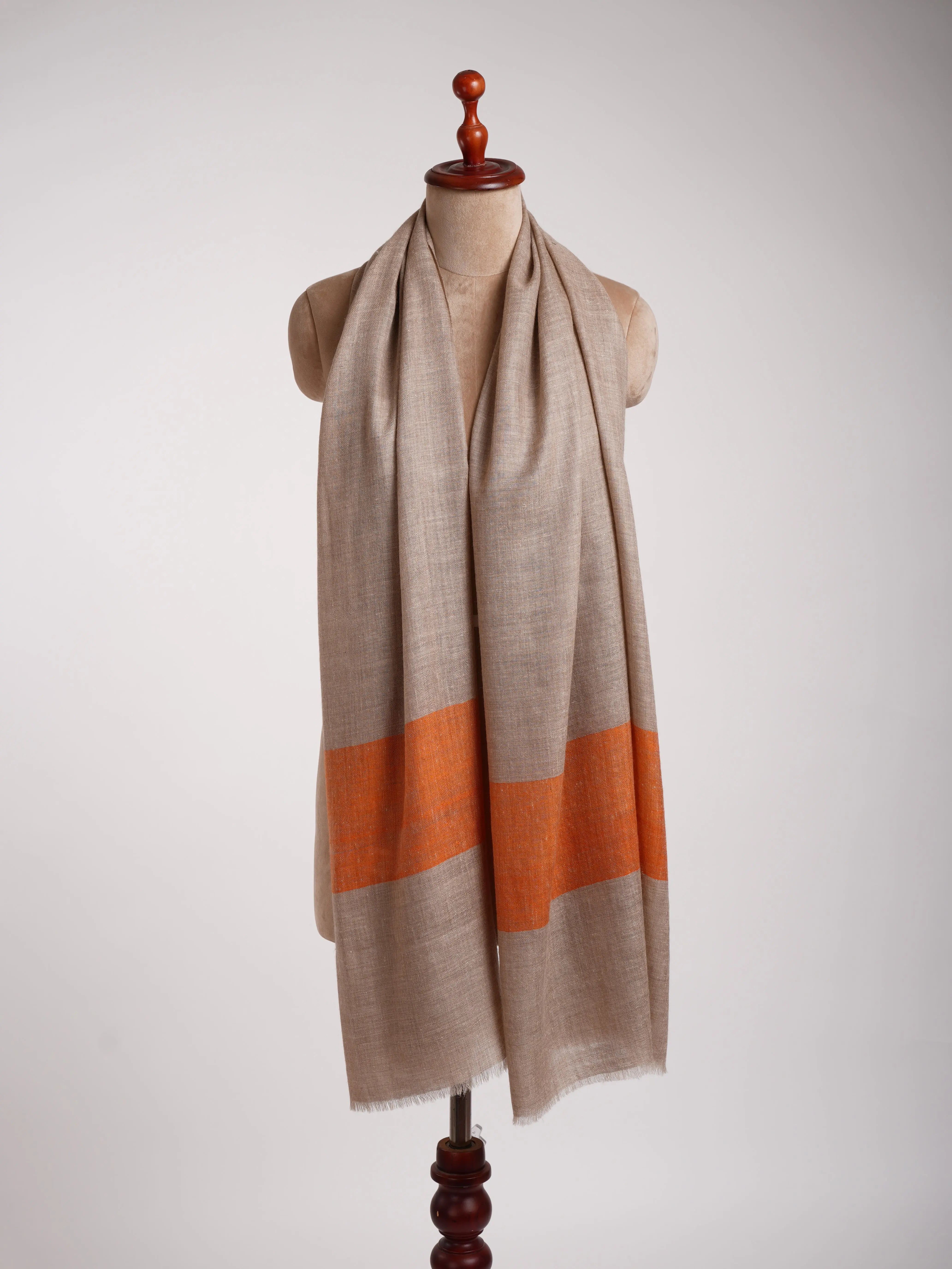 Natural Grey Cashmere Scarf with Orange Palla Ends | Artisan Crafted Shahkaar
