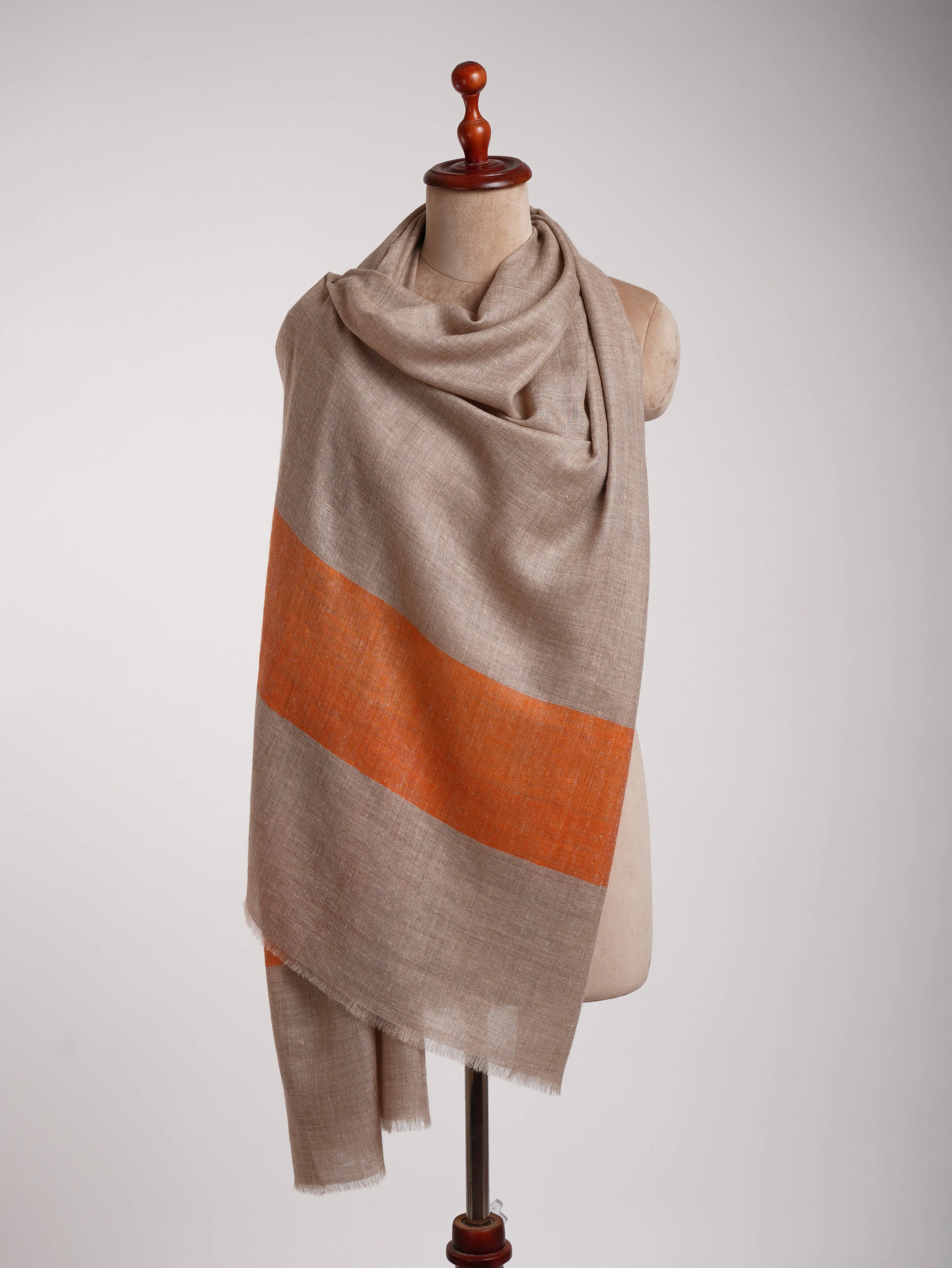 Natural Grey Cashmere Scarf with Orange Palla Ends | Artisan Crafted Shahkaar