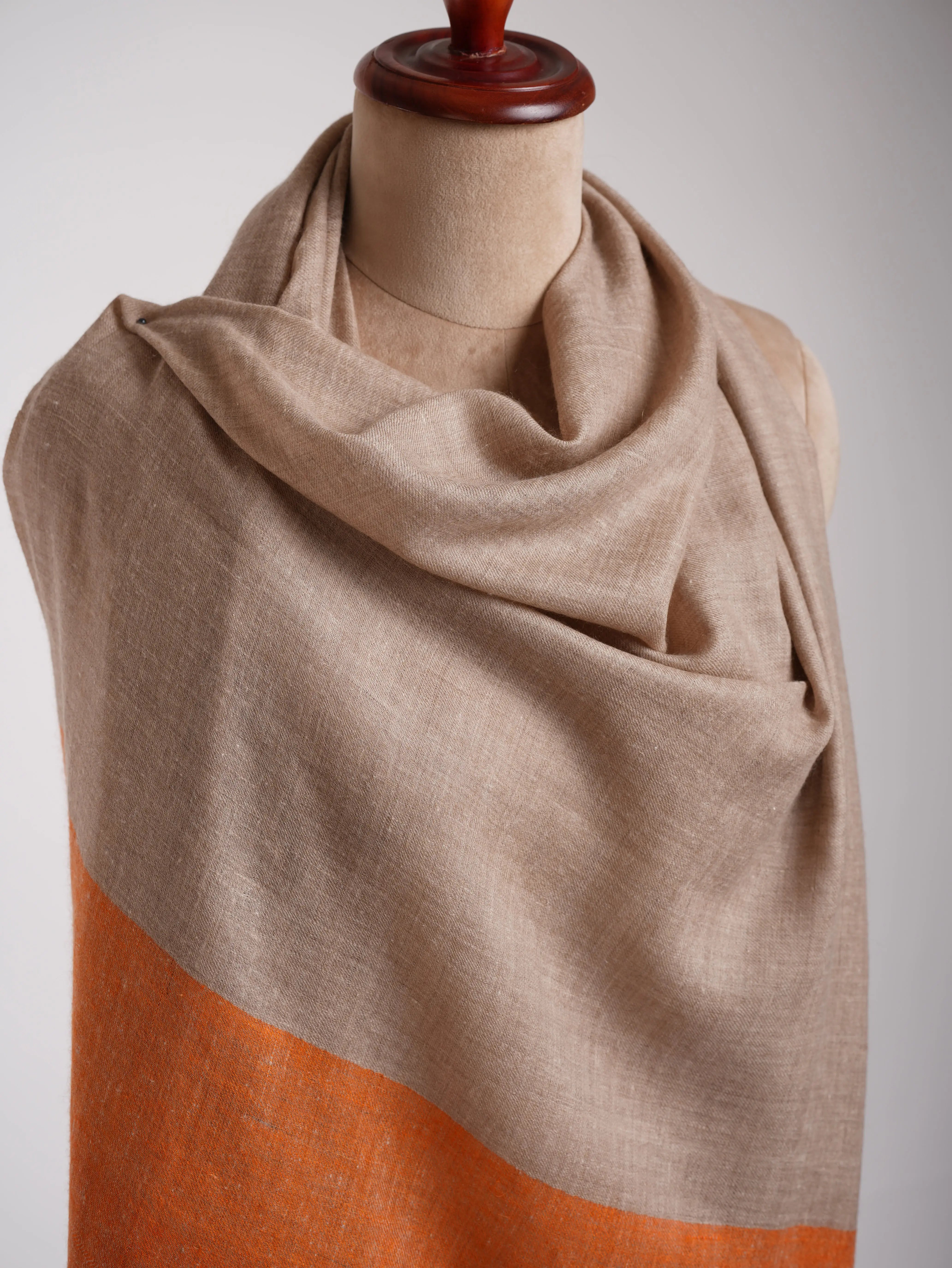 Natural Grey Cashmere Scarf with Orange Palla Ends | Artisan Crafted Shahkaar