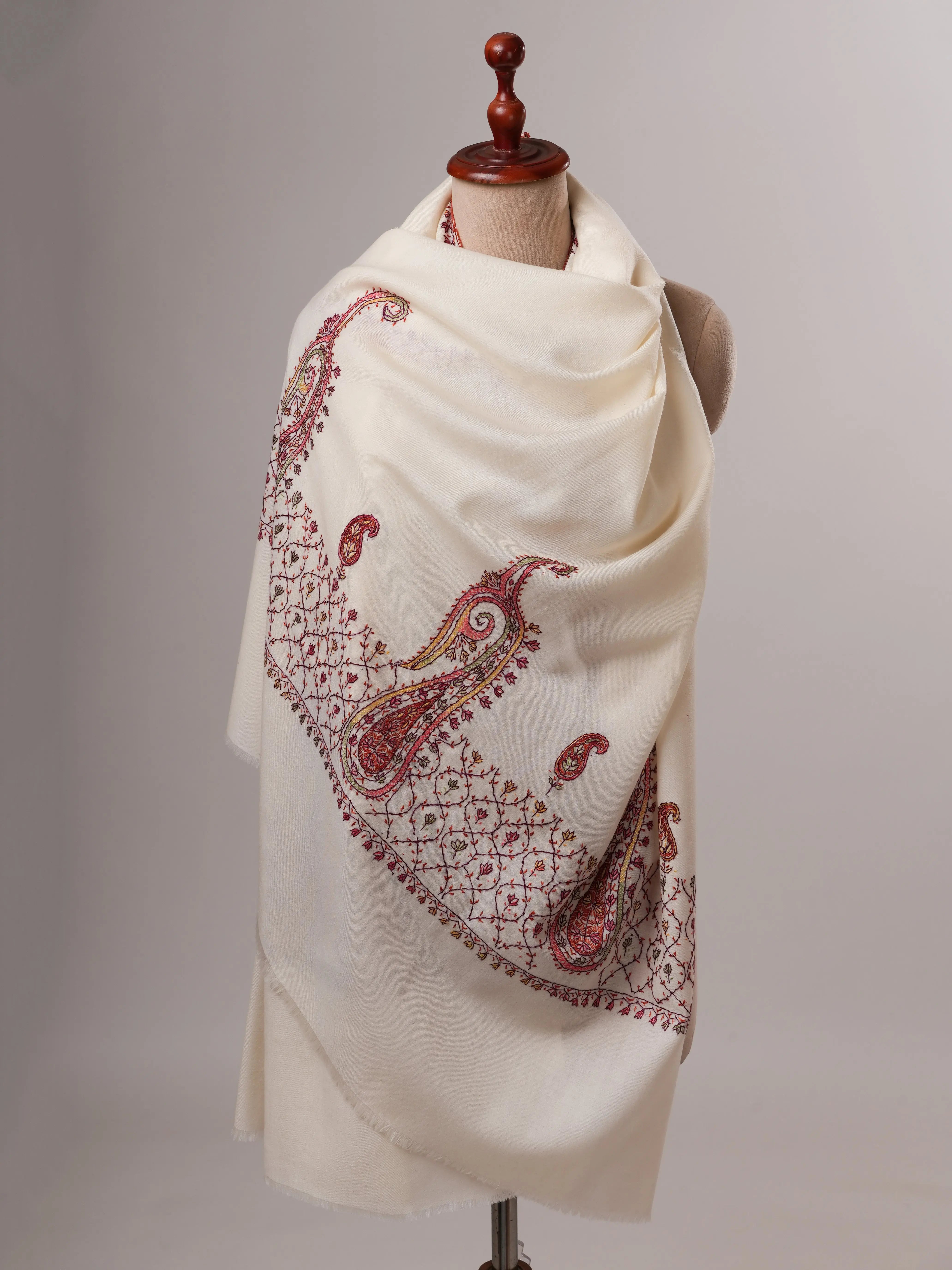 Ivory Fine Wool Palla Embroidered Shawl Shahkaar