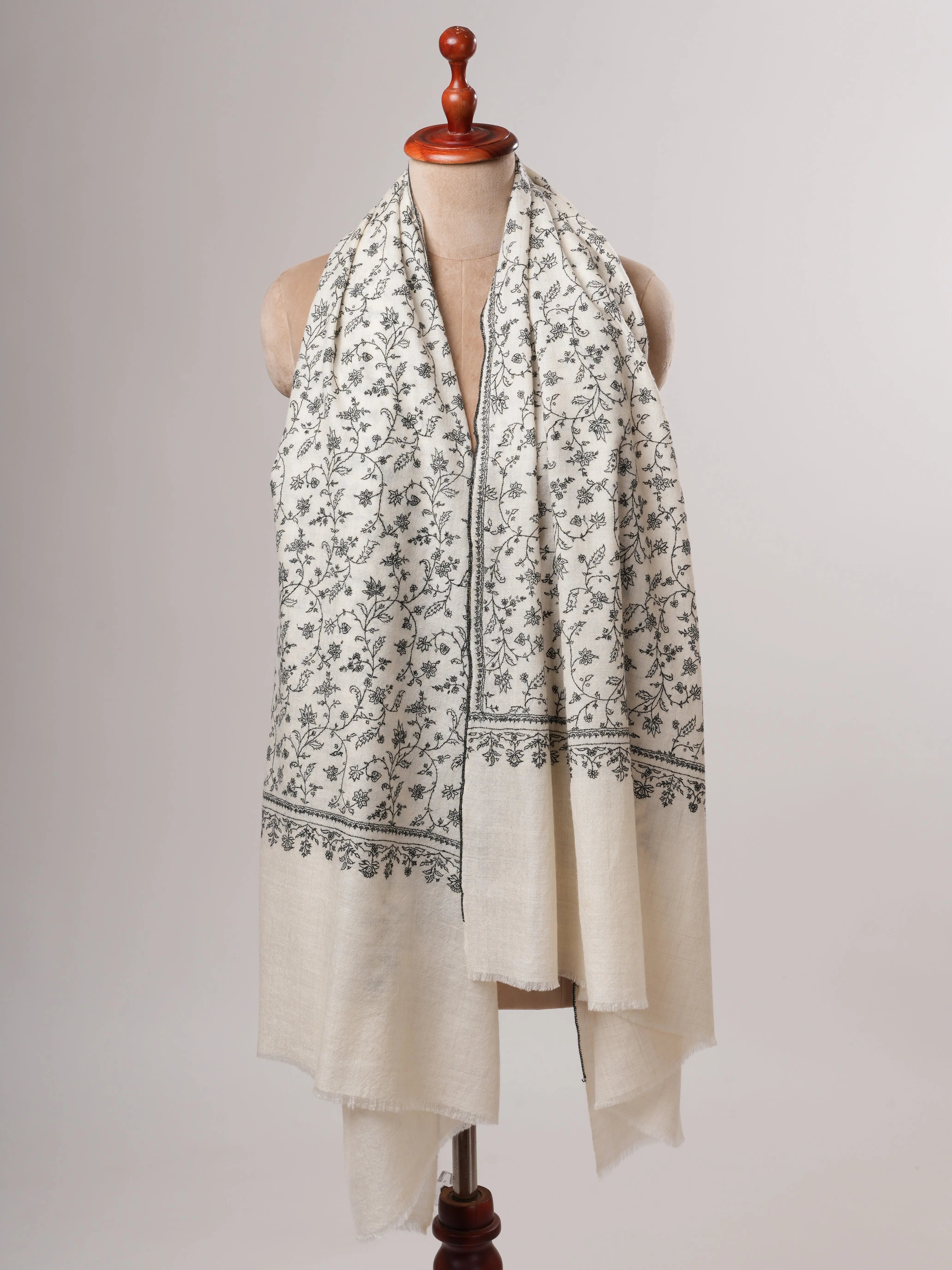 Ivory Kashmiri Pashmina Shawl with Black Sozni Jali Embroidery Shahkaar