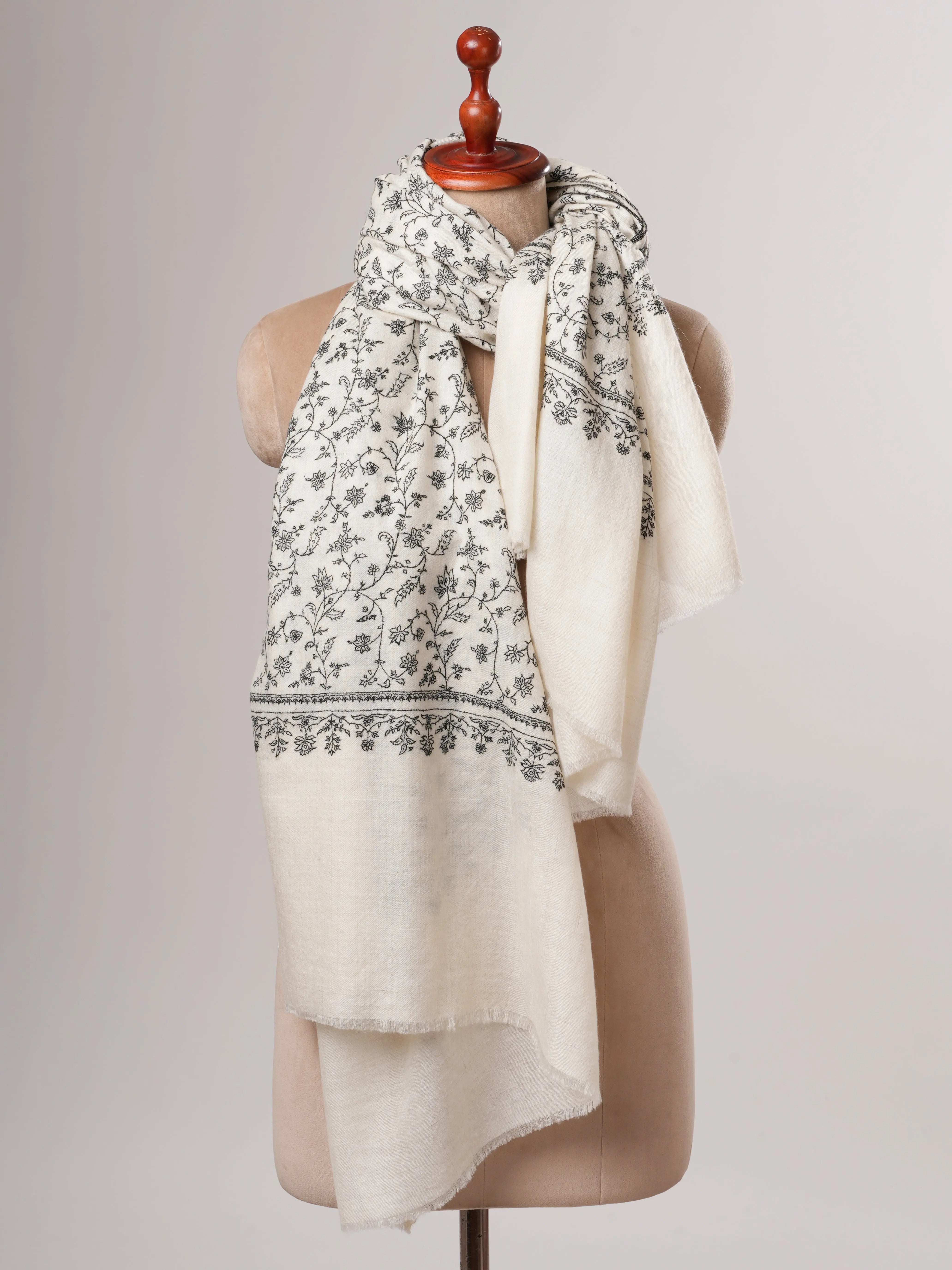 Ivory Kashmiri Pashmina Shawl with Black Sozni Jali Embroidery Shahkaar