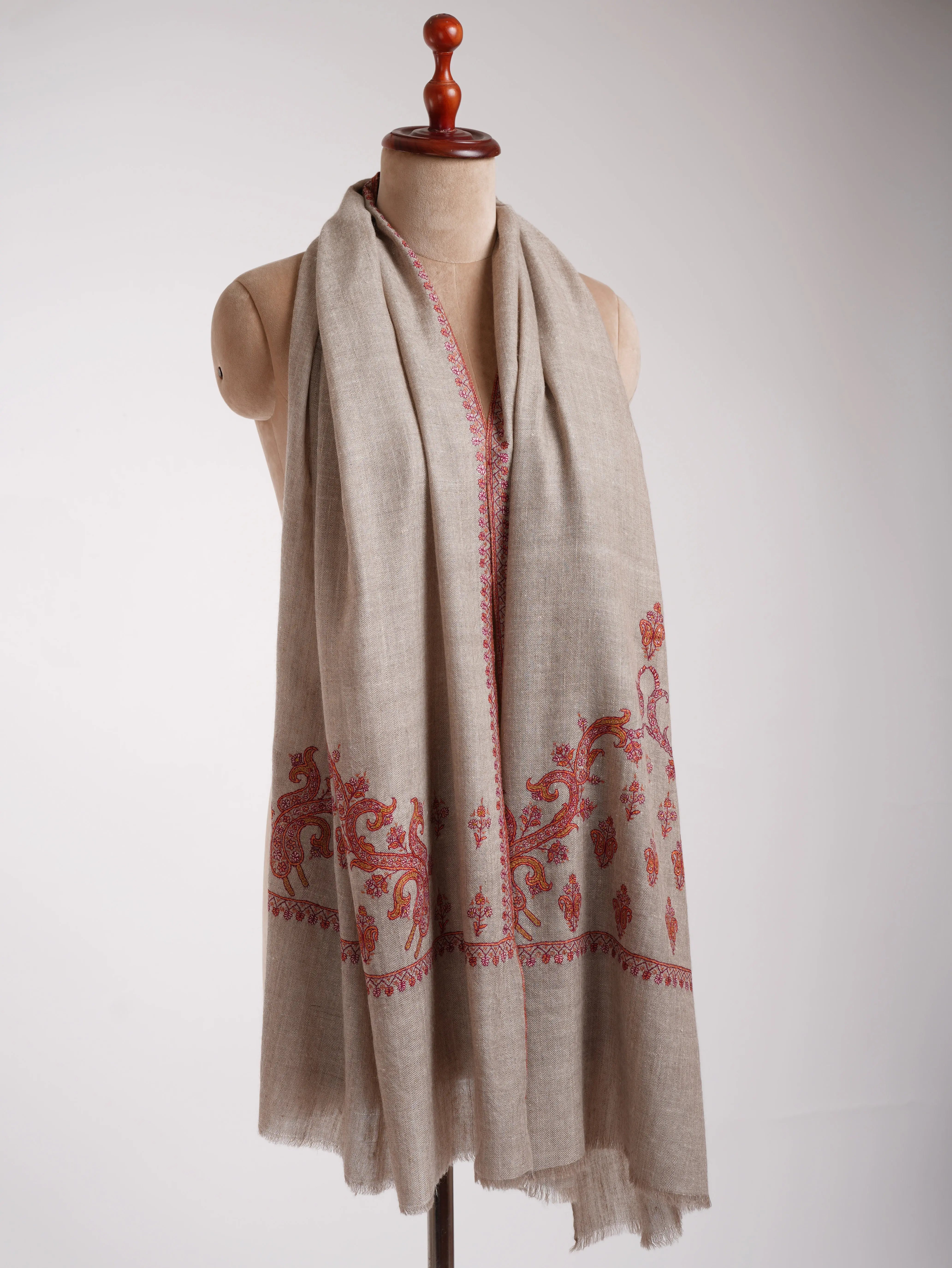 Luxurious Natural Grey Cashmere Wrap with Palla Embroidery Shahkaar
