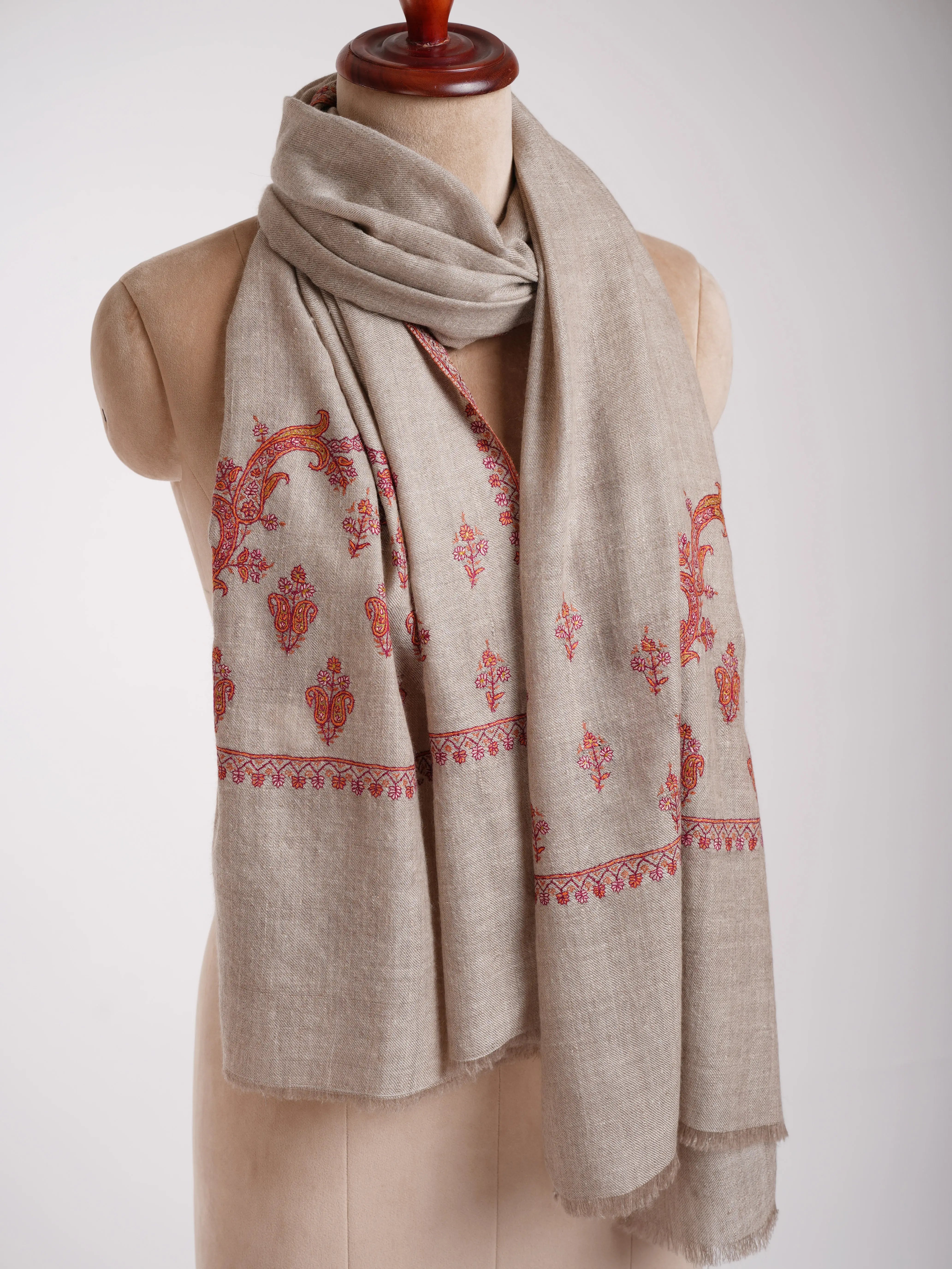 Luxurious Natural Grey Cashmere Wrap with Palla Embroidery Shahkaar