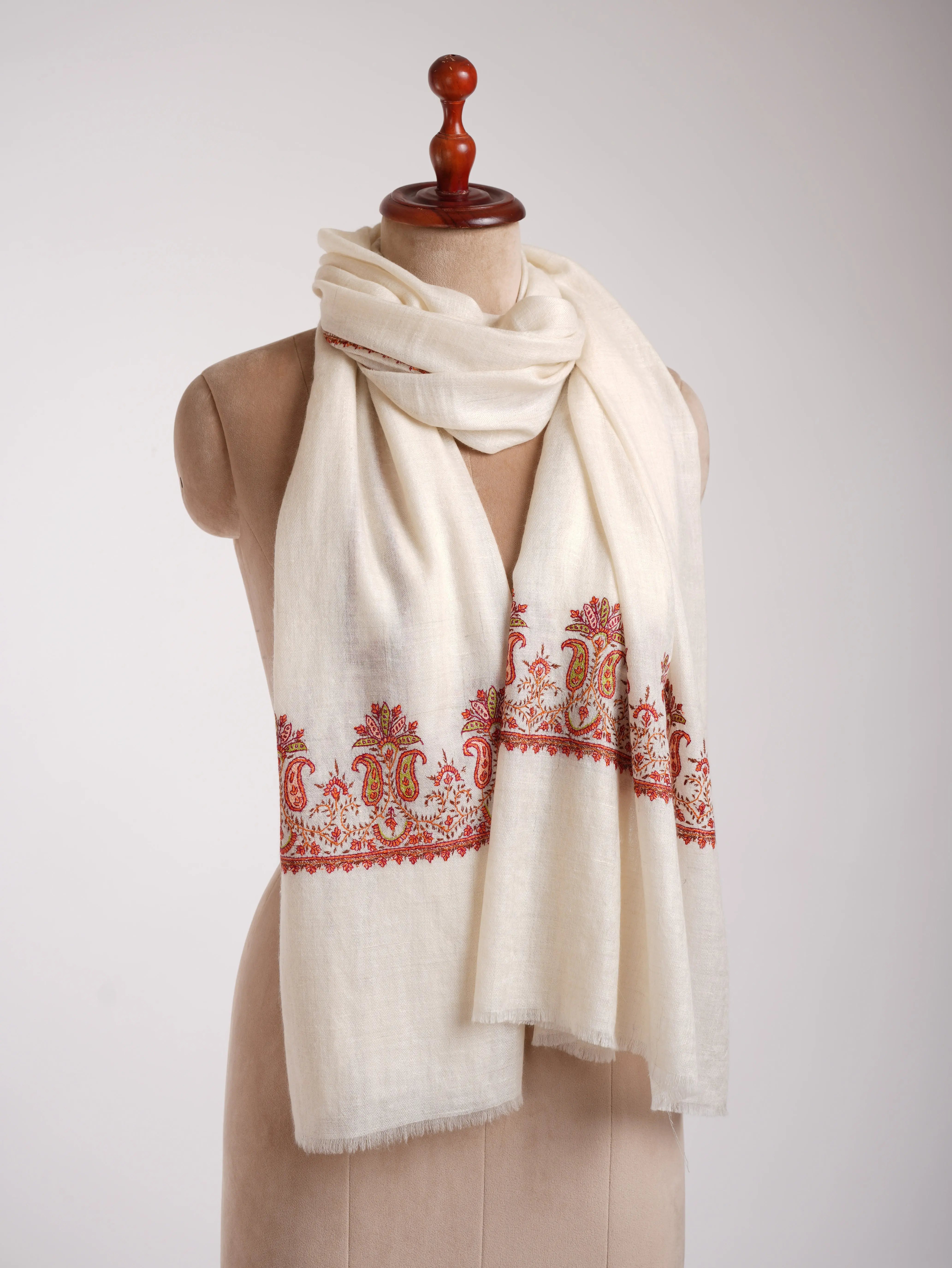 Baby Soft Ivory Cashmere Scarf with Hand Embroidered Palla Shahkaar