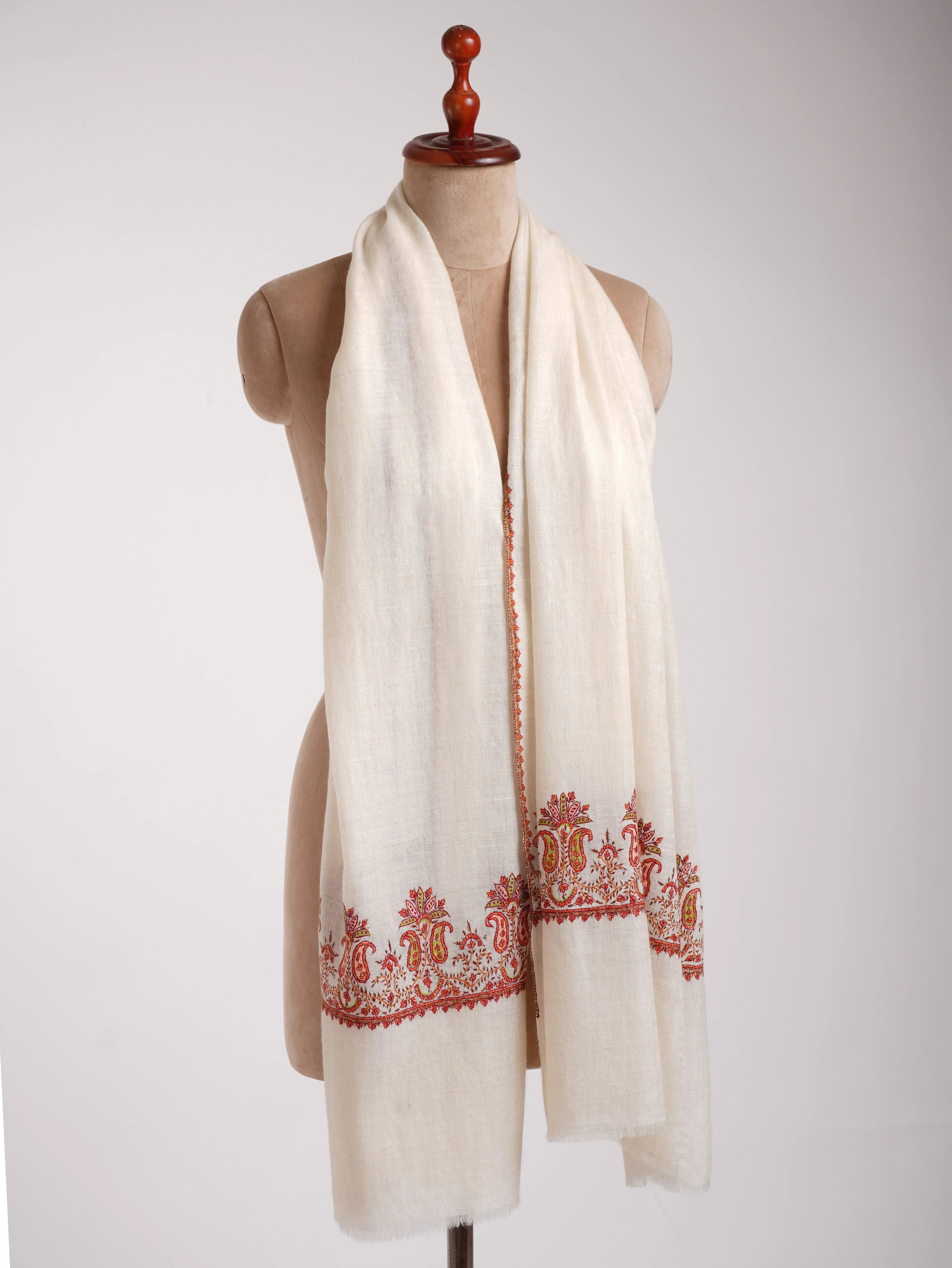 Baby Soft Ivory Cashmere Scarf with Hand Embroidered Palla Shahkaar