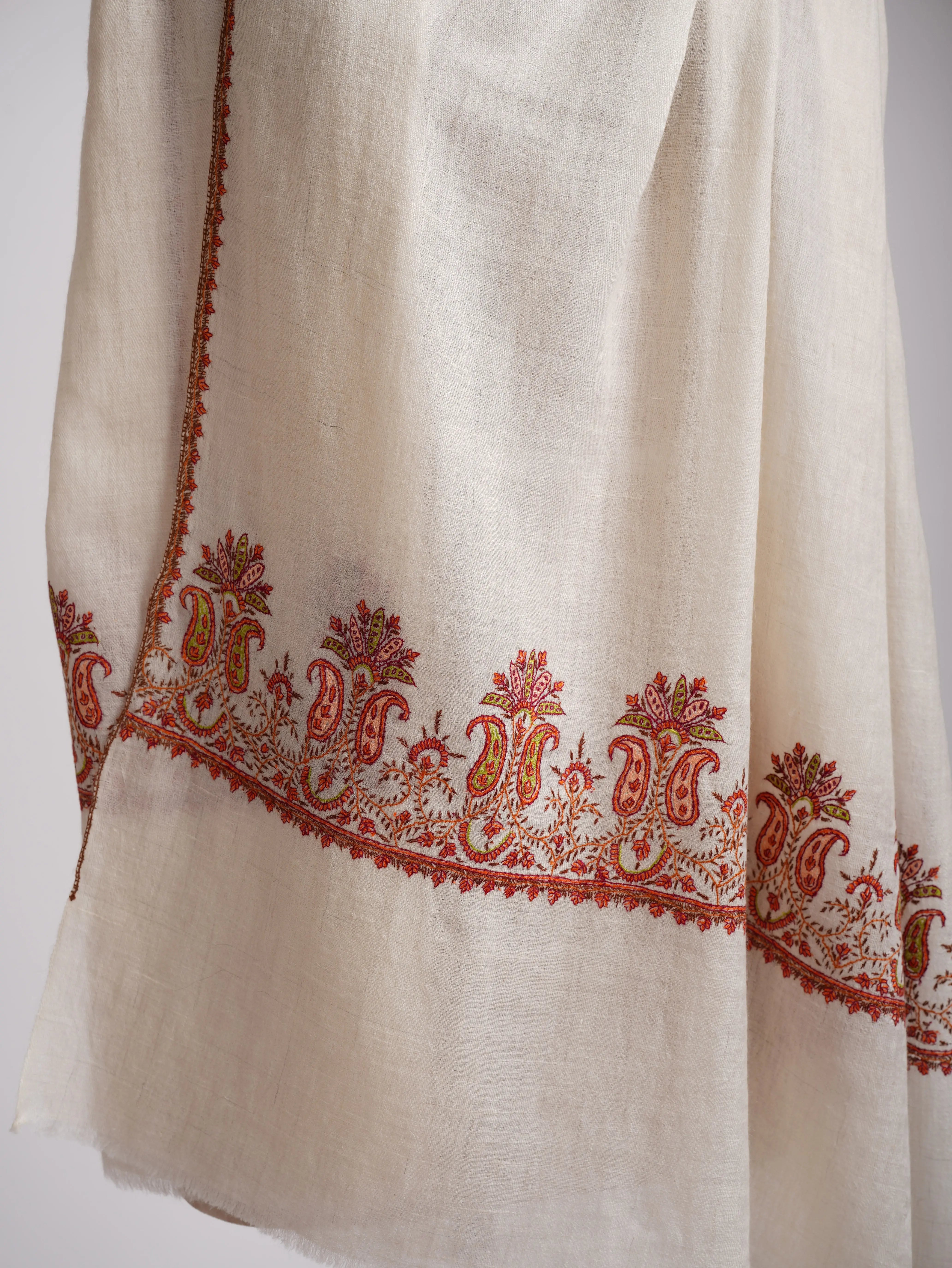 Baby Soft Ivory Cashmere Scarf with Hand Embroidered Palla Shahkaar