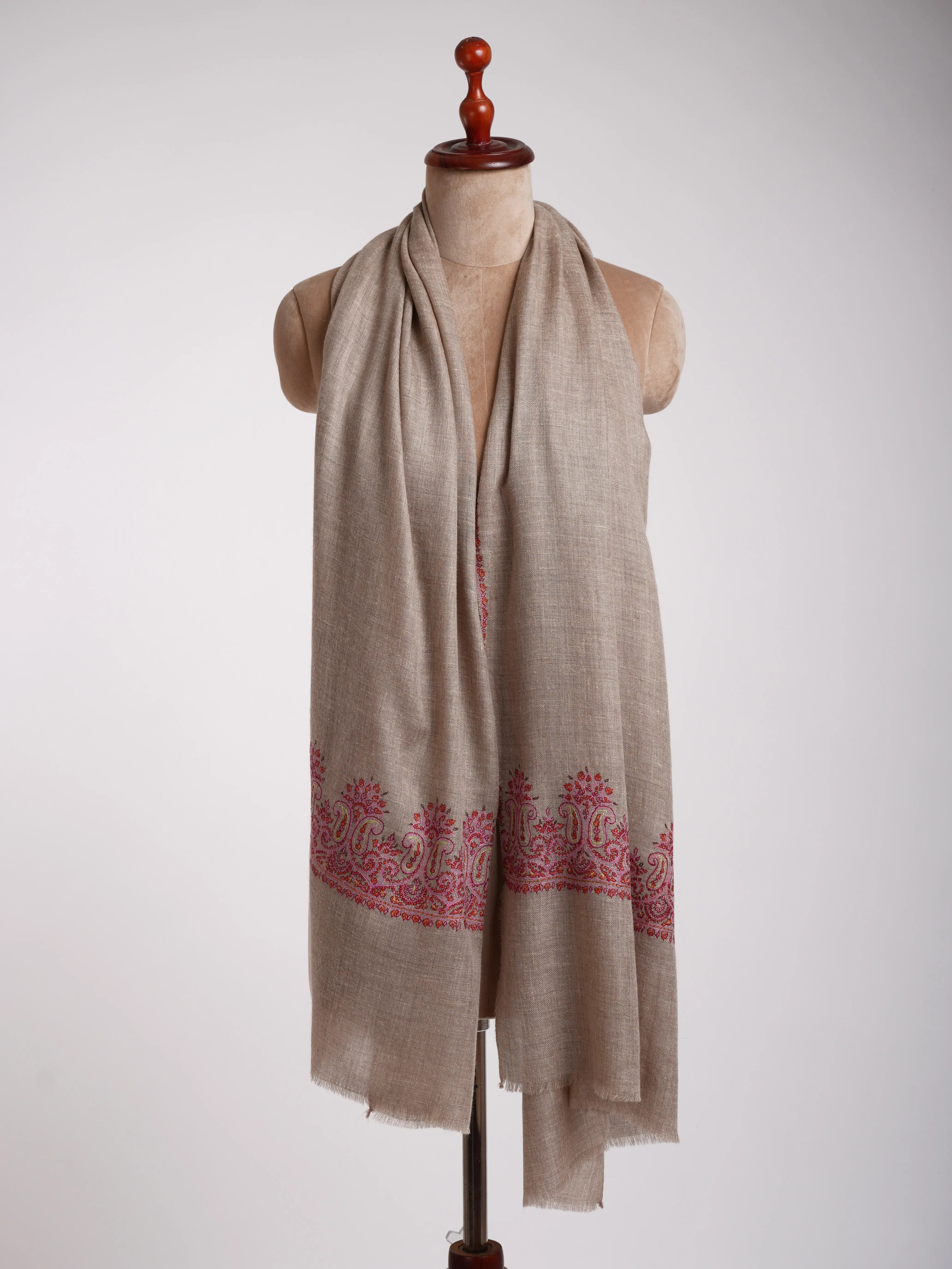 Grey Baby-Soft Cashmere Scarf with Hand Embroidered Palla Shahkaar