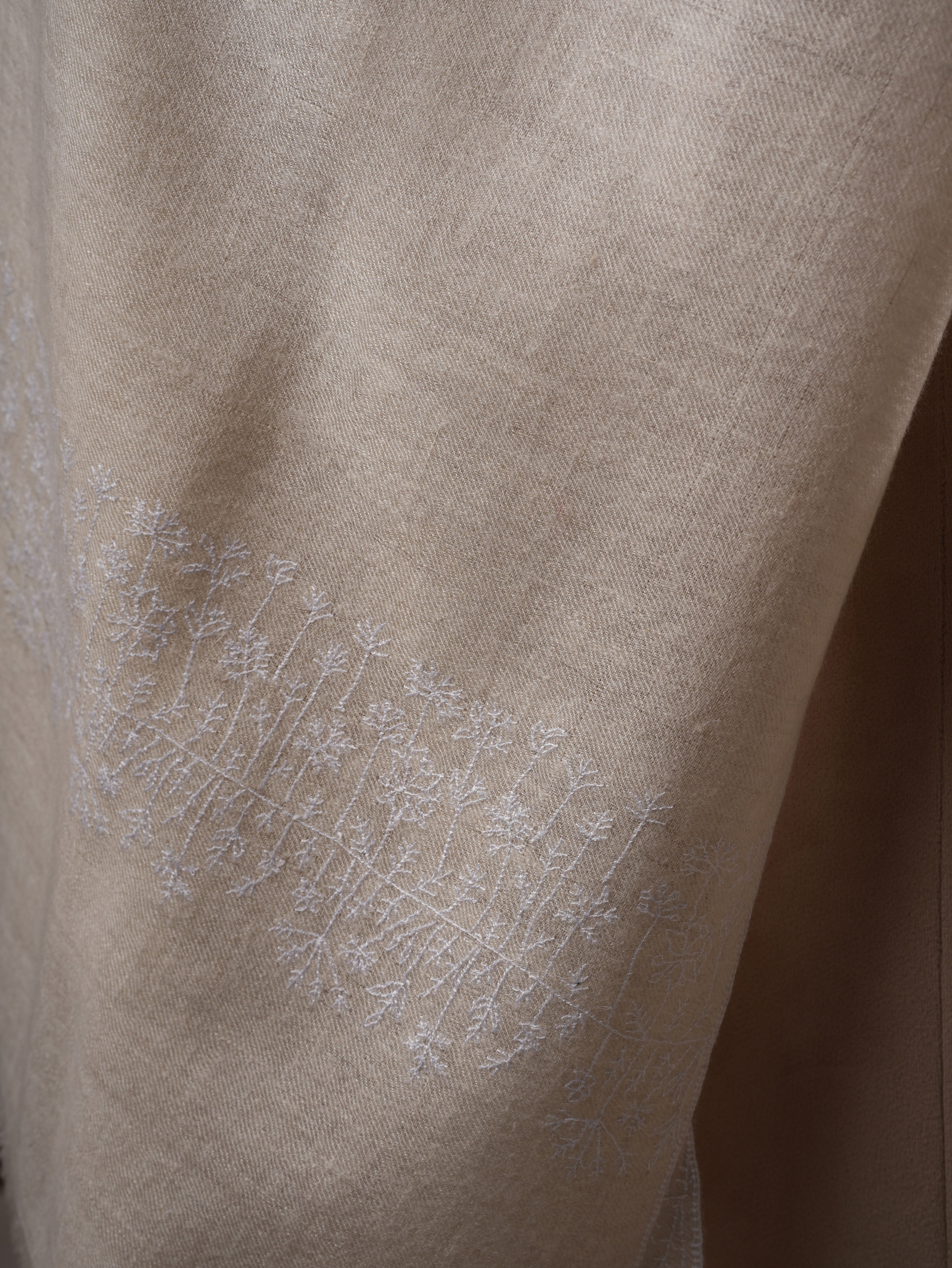 Handwoven Off White Cashmere Scarf with Tonal Palla Embroidery Shahkaar