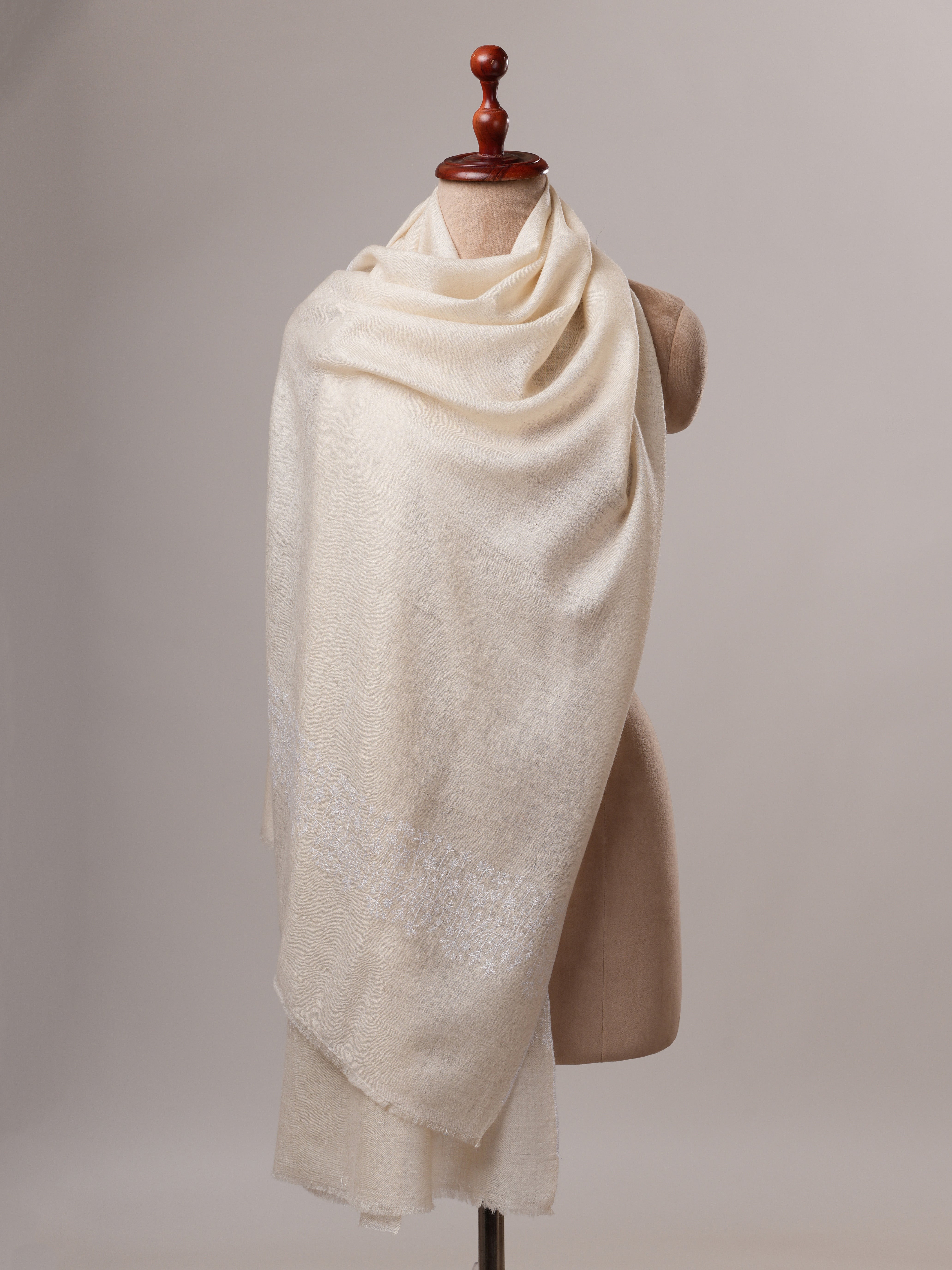 Handwoven Off White Cashmere Scarf with Tonal Palla Embroidery Shahkaar