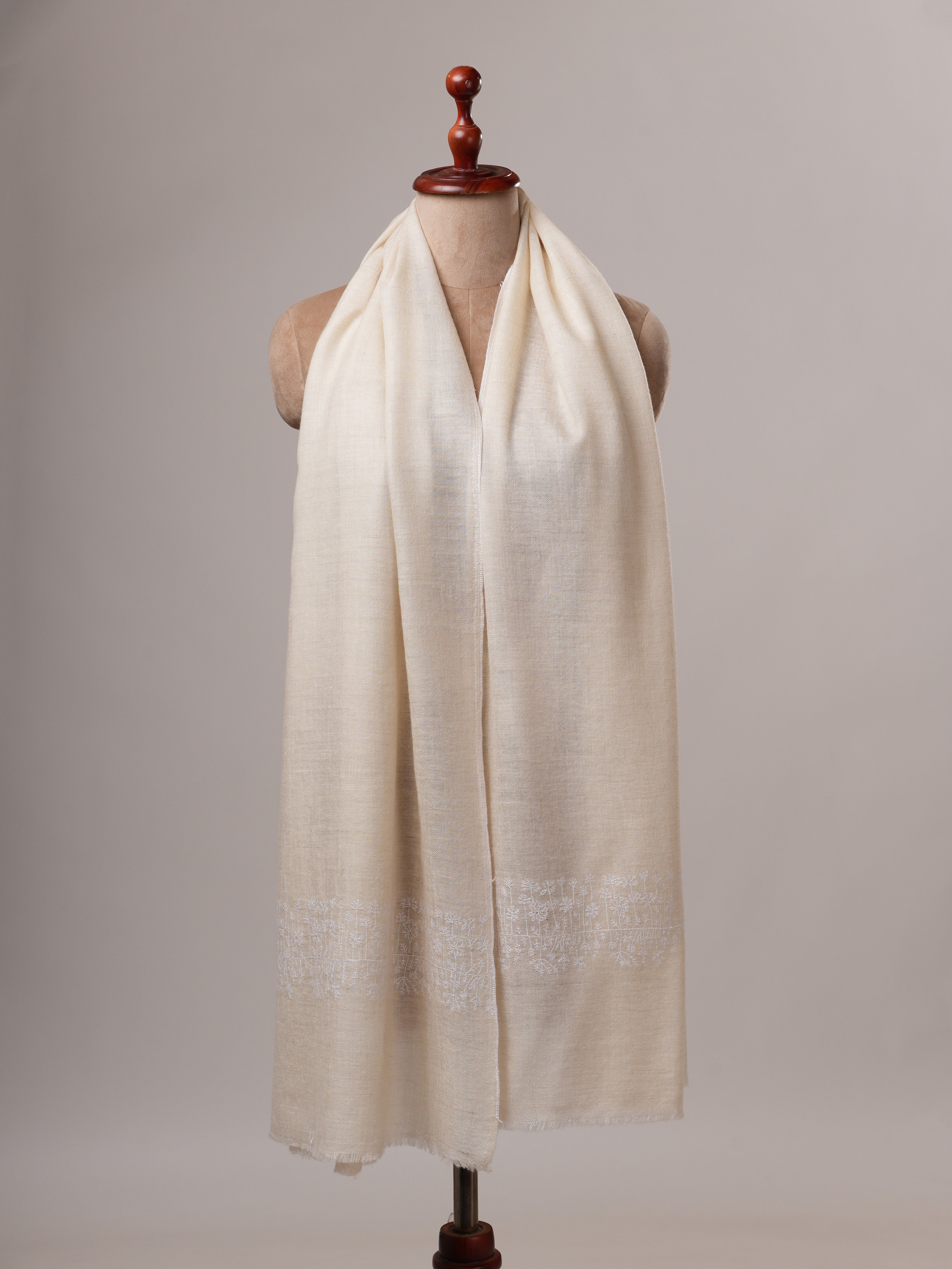 Handwoven Off White Cashmere Scarf with Tonal Palla Embroidery Shahkaar