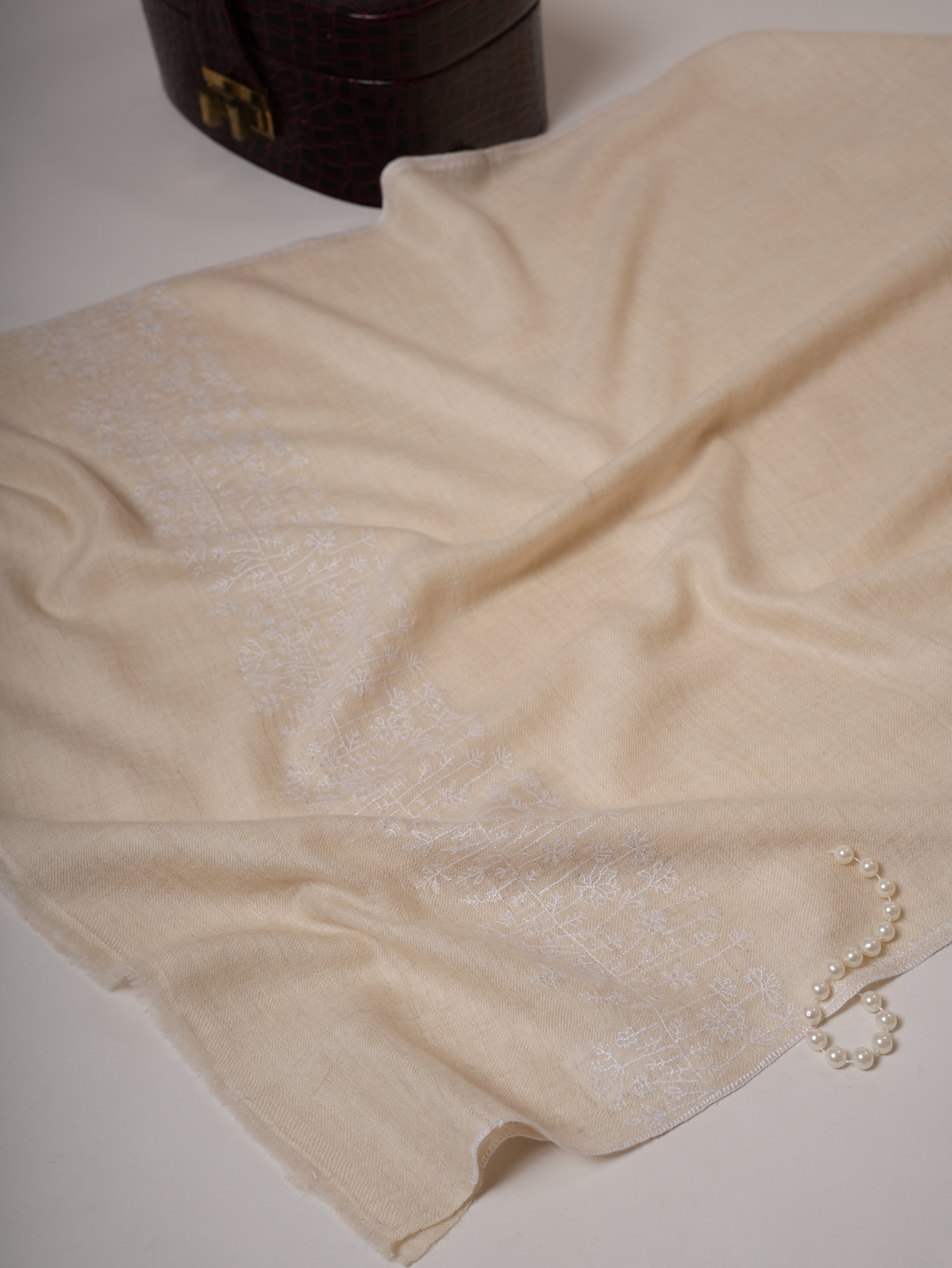 Handwoven Off White Cashmere Scarf with Tonal Palla Embroidery Shahkaar
