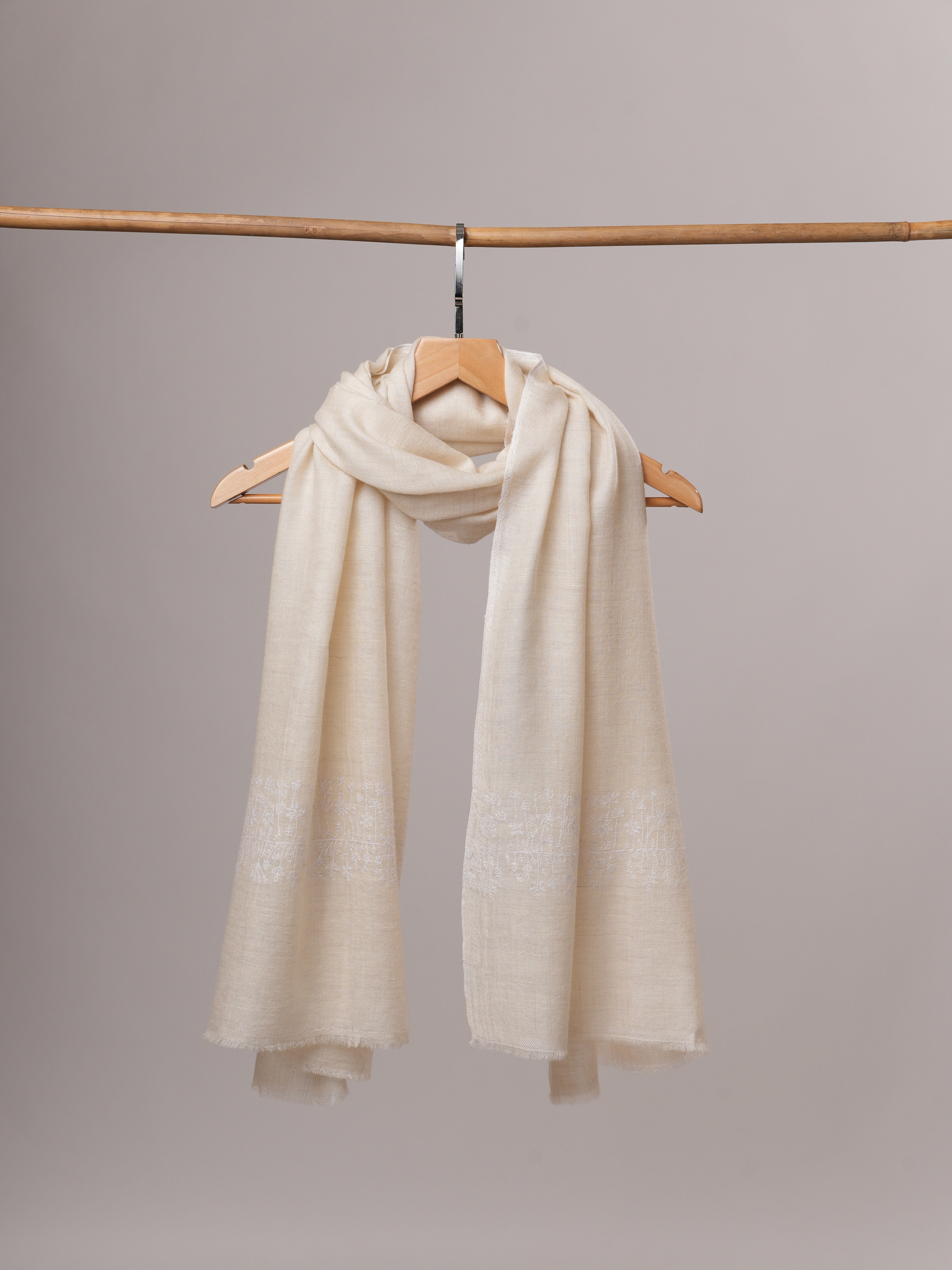 Handwoven Off White Cashmere Scarf with Tonal Palla Embroidery Shahkaar