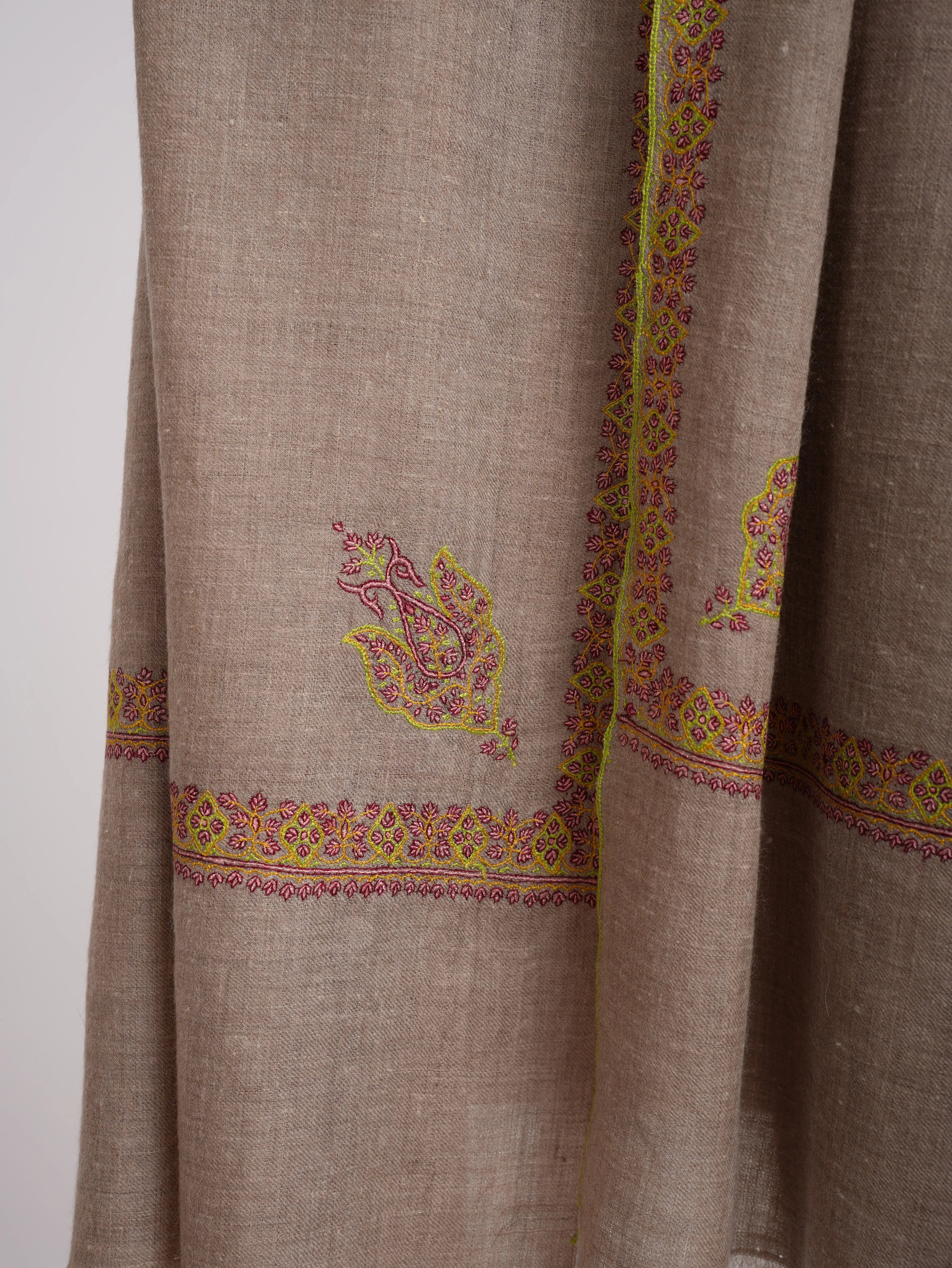 Contemporary Grey Cashmere Scarf with Hashia Embroidery Shahkaar