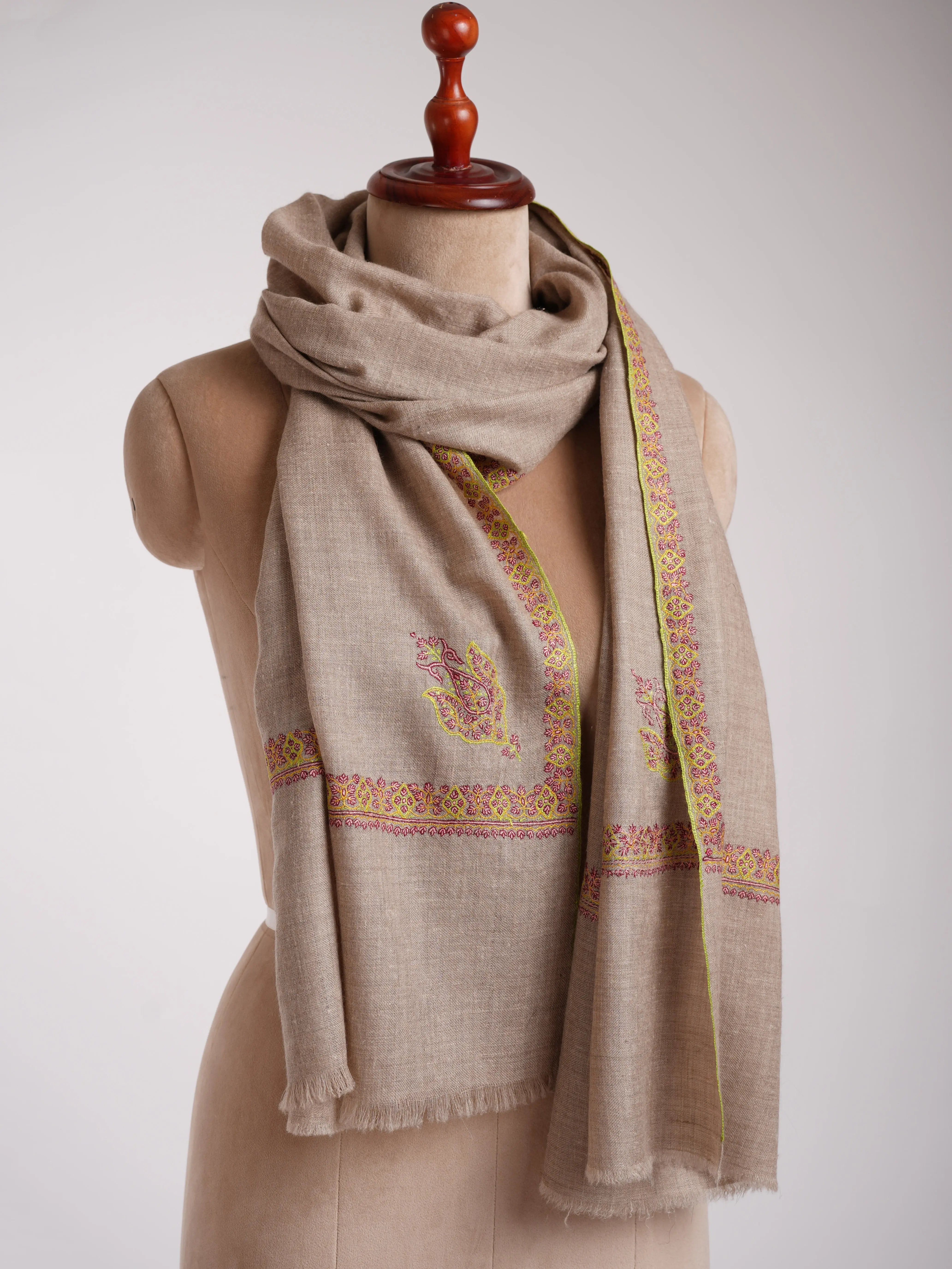 Contemporary Grey Cashmere Scarf with Hashia Embroidery Shahkaar
