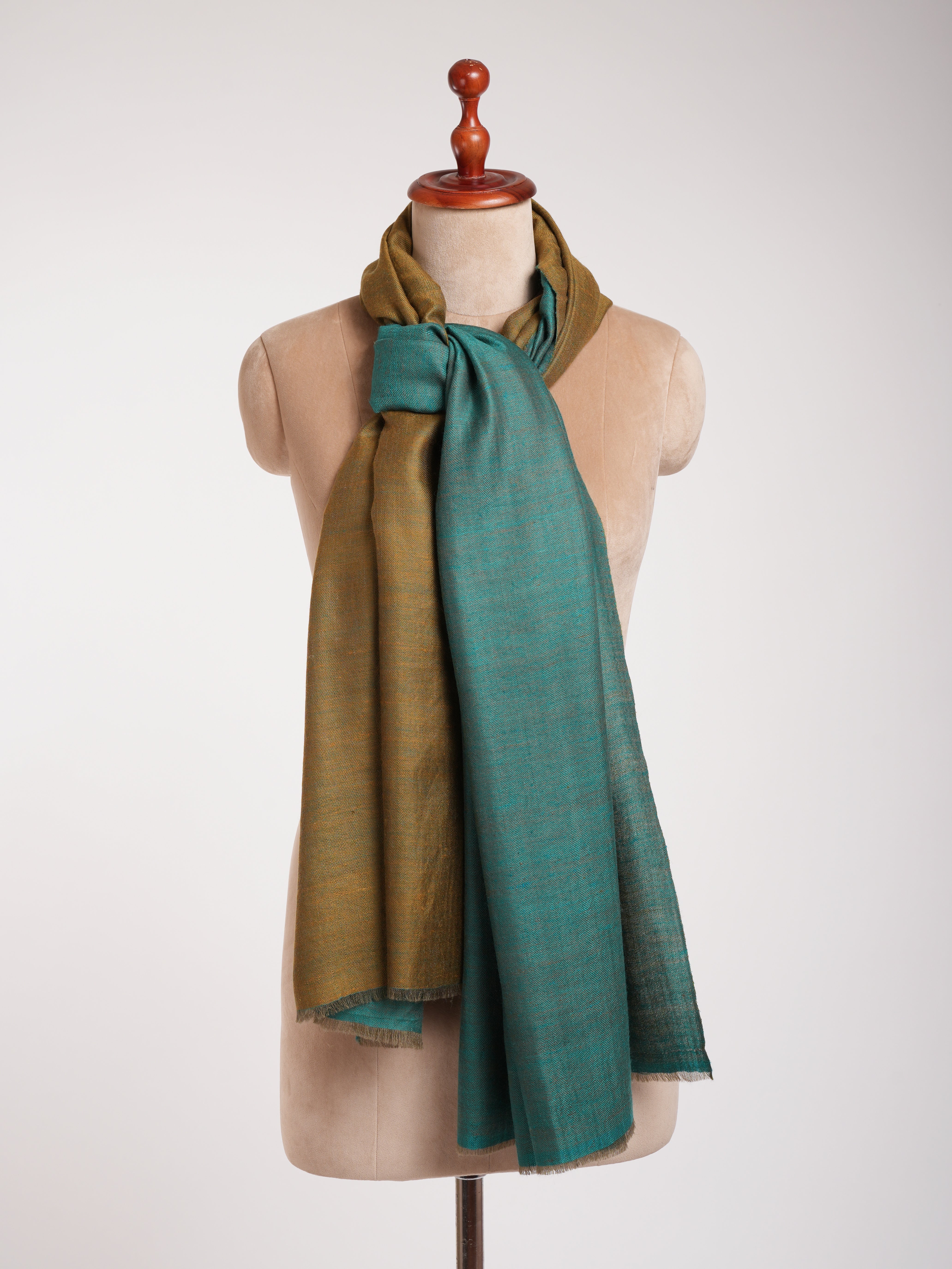 Shaded Spruce and Mustard Dorukha Cashmere Pashmina Shawl